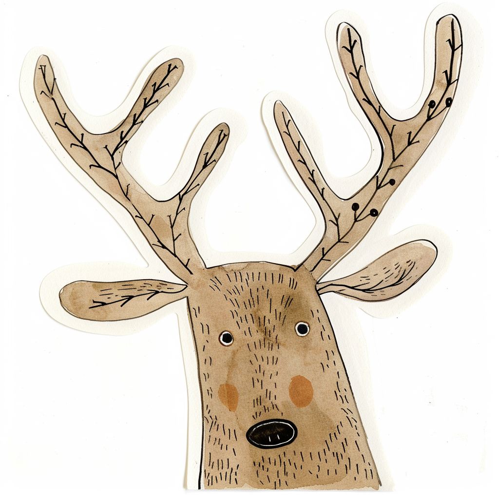 Sticker of reindeer head by Marc Johns, whimsical style, Midjourney prompt engineering, solid background --v 6.0.
