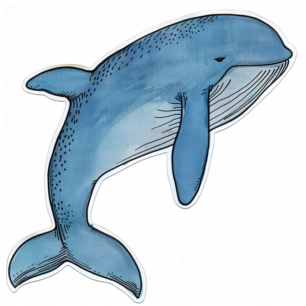 Sticker of whale design by Marc Johns, showcasing whimsical style with blue tones, created using Midjourney prompt techniques.