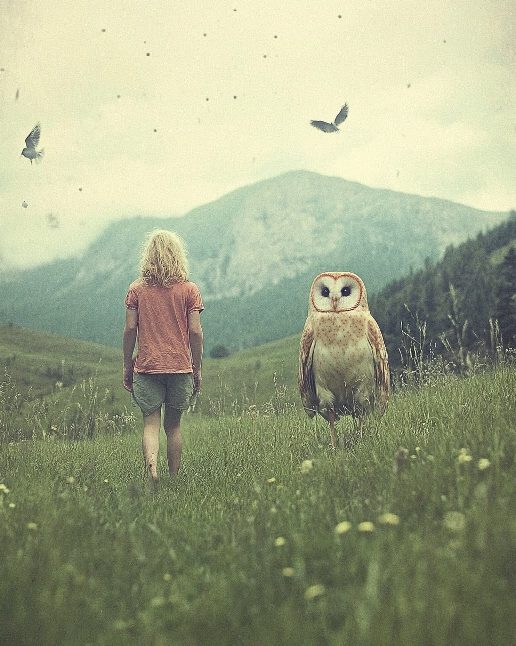 Wanderer in faraway lands with owl, showcasing Midjourney prompt engineering and SREF code application for unique visual styles.