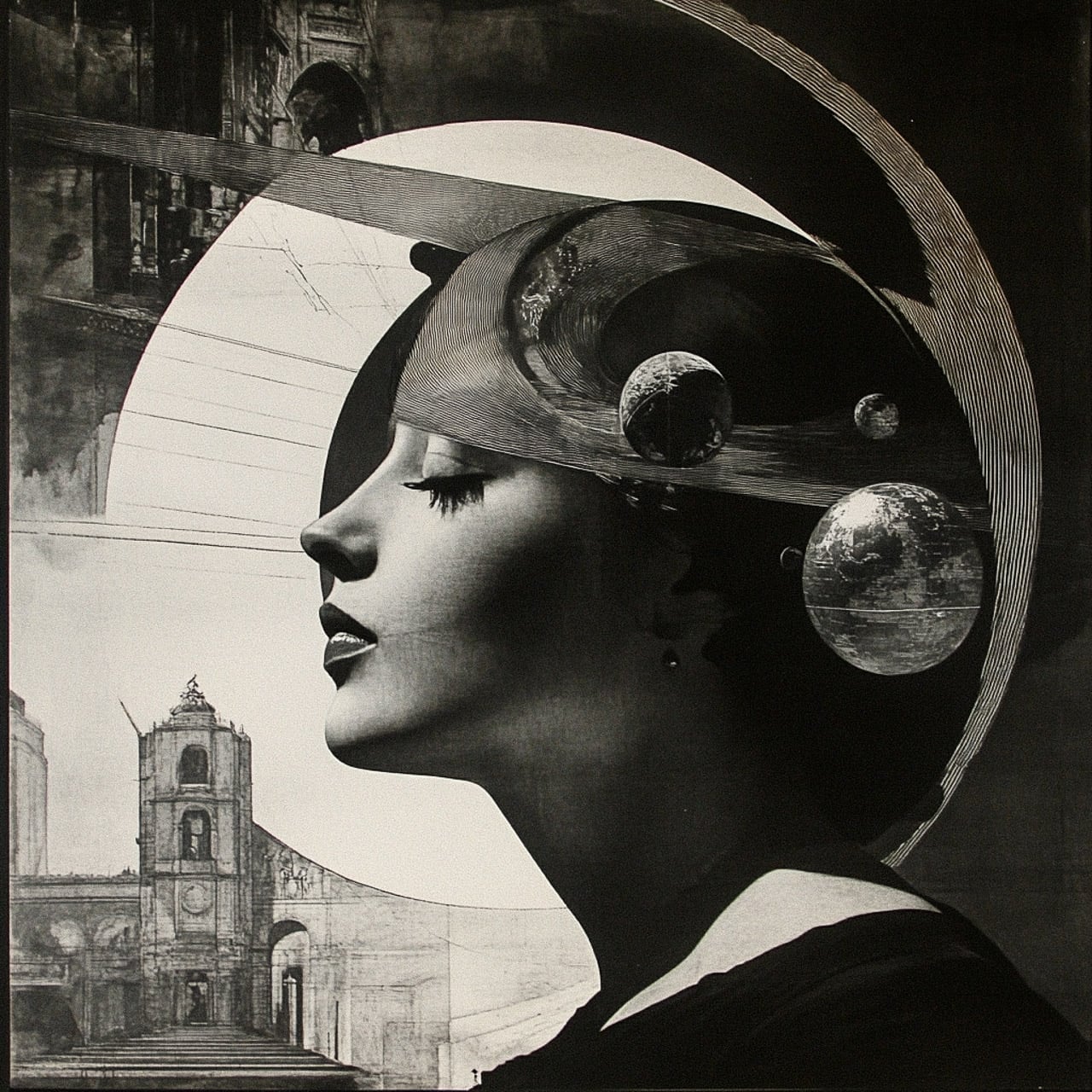 Artwork using Midjourney prompt with SREF code 3777792093, depicting a surreal profile with planetary elements and architectural background.