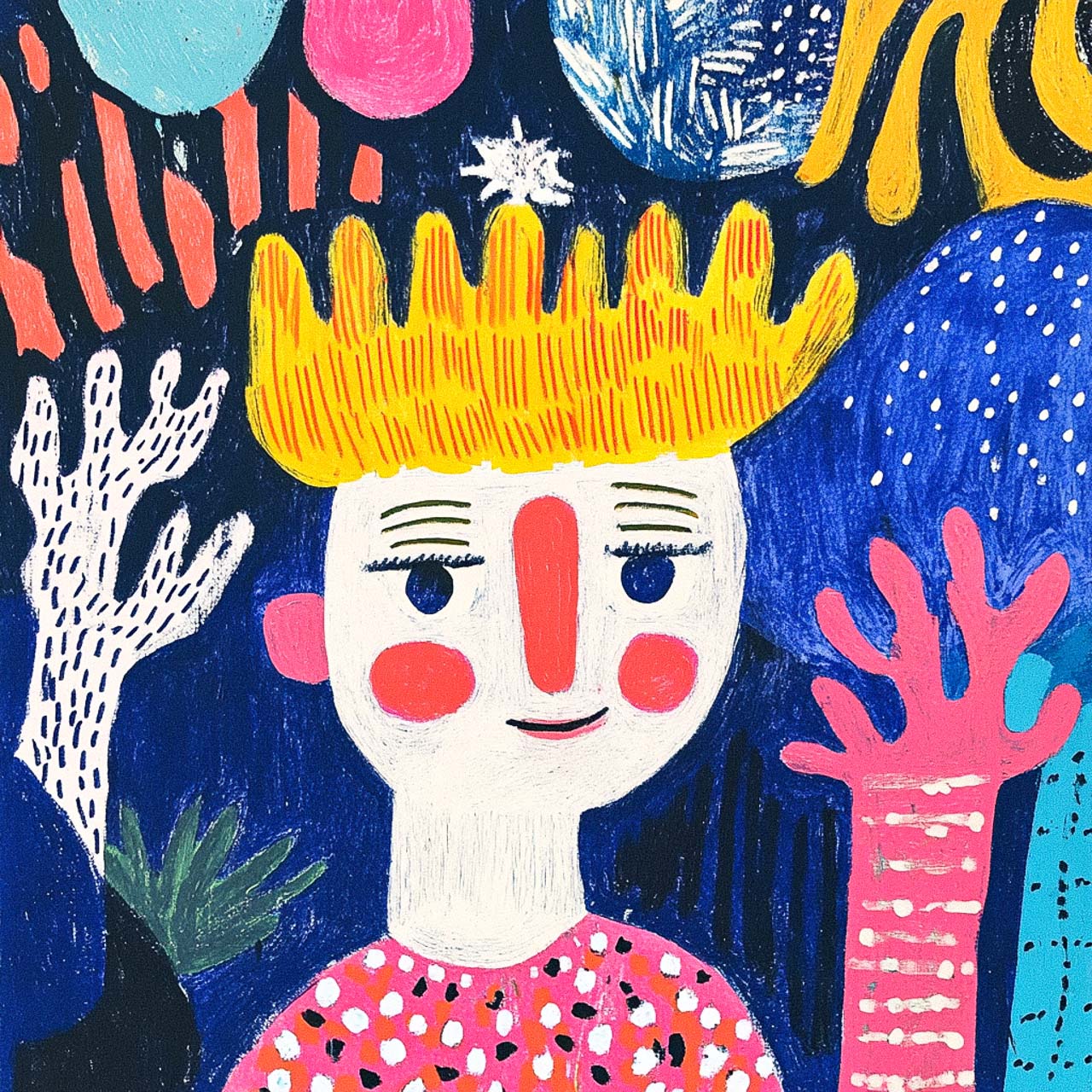Colorful artwork featuring a character with yellow hair and pink attire, showcasing Midjourney prompt techniques for unique visual styles.