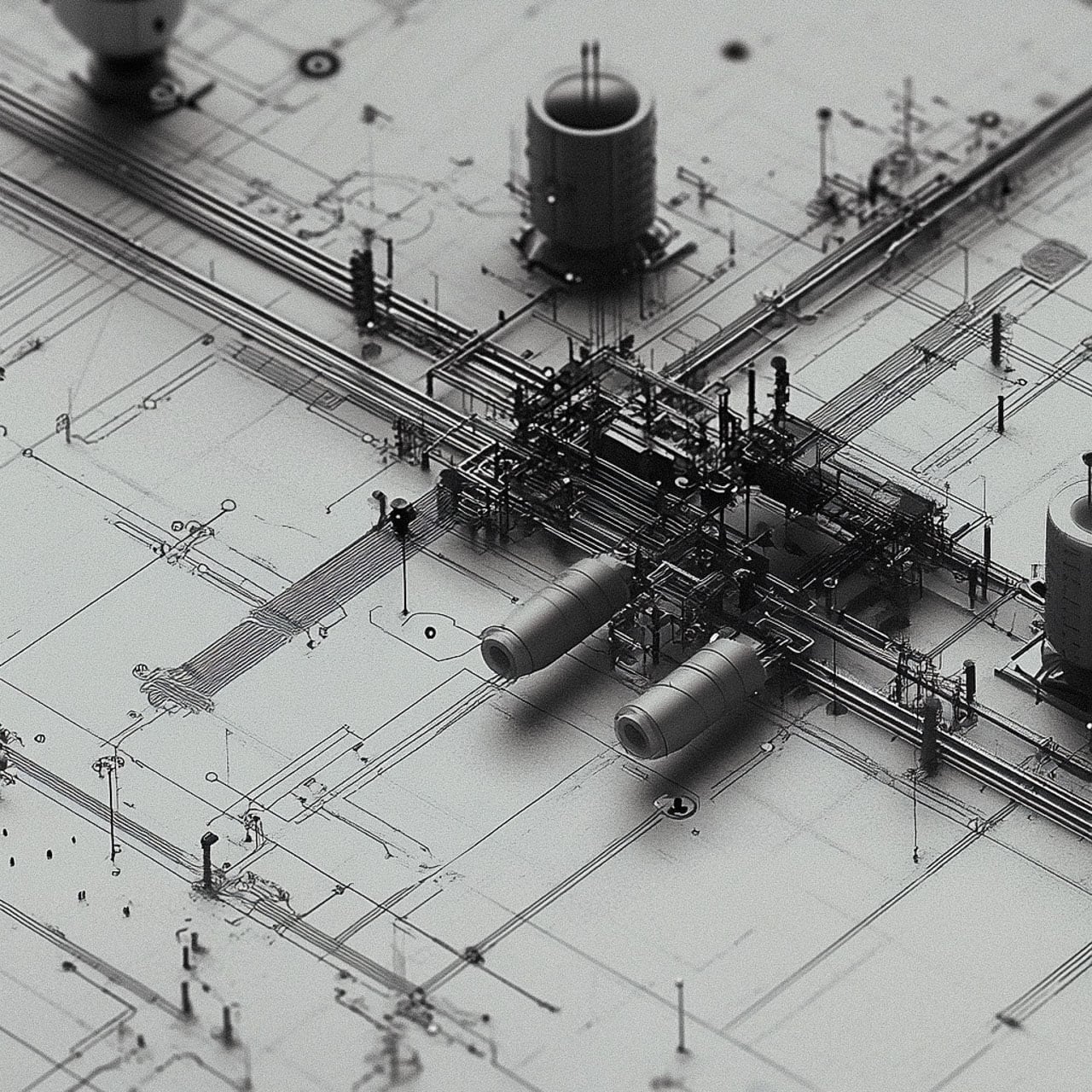 Technical infrastructure blueprint schematics illustrating Midjourney prompt engineering with SREF codes for visual styles.
