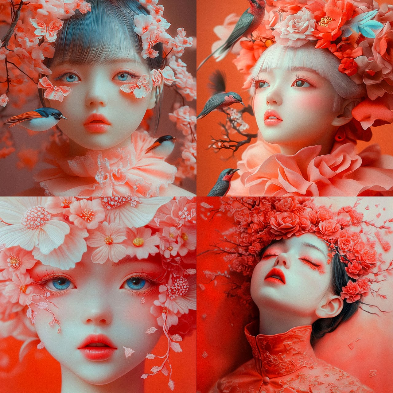 Midjourney prompt for floral-themed AI-generated portraits featuring vibrant colors and intricate details.
