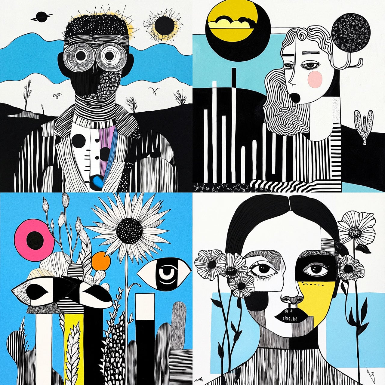 Artwork featuring diverse styles and patterns, showcasing Midjourney prompt engineering and SREF codes for unique visual aesthetics.