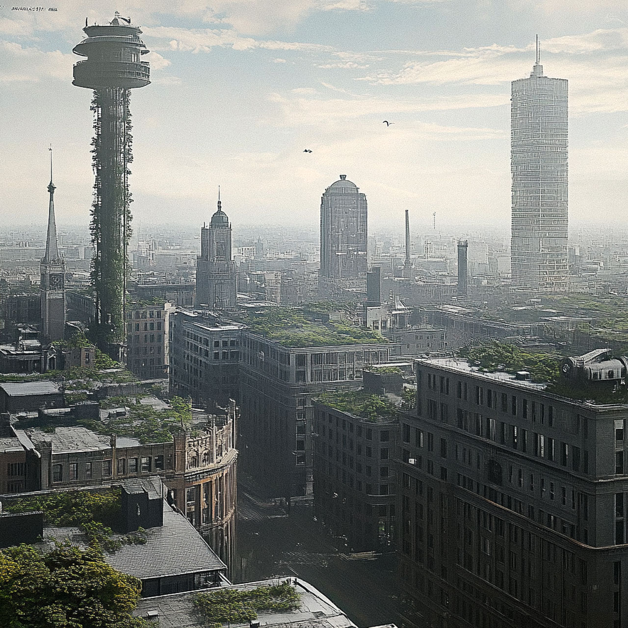 Futuristic megacity with bioarchitecture, showcasing Midjourney prompt engineering and SREF codes for unique visual styles.