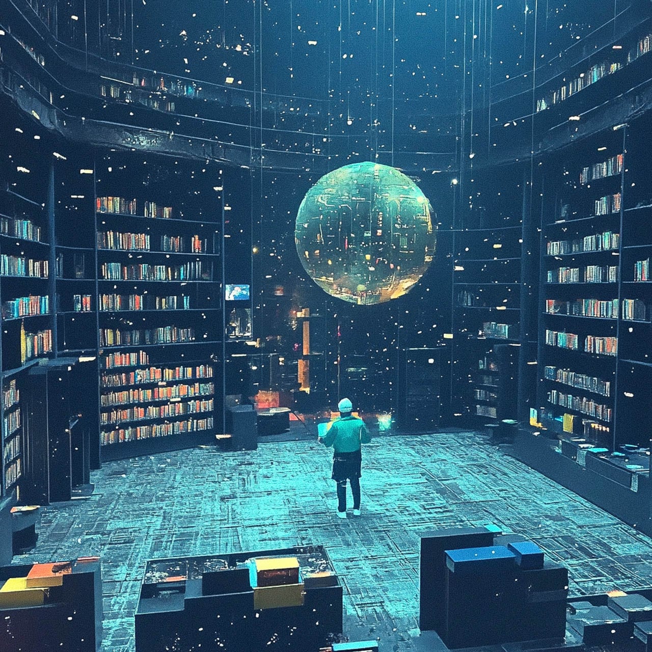 Midjourney prompt showcasing library environment with floating elements and spherical display, emphasizing text-to-image generation techniques.