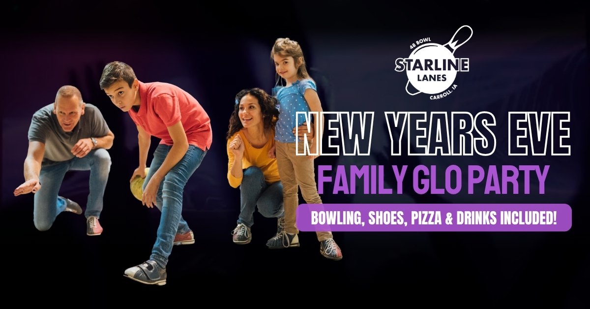 A family of four enjoying bowling, promoting Starline Lanes New Year's Eve Family Glo Party with included bowling, shoes, pizza, and drinks.