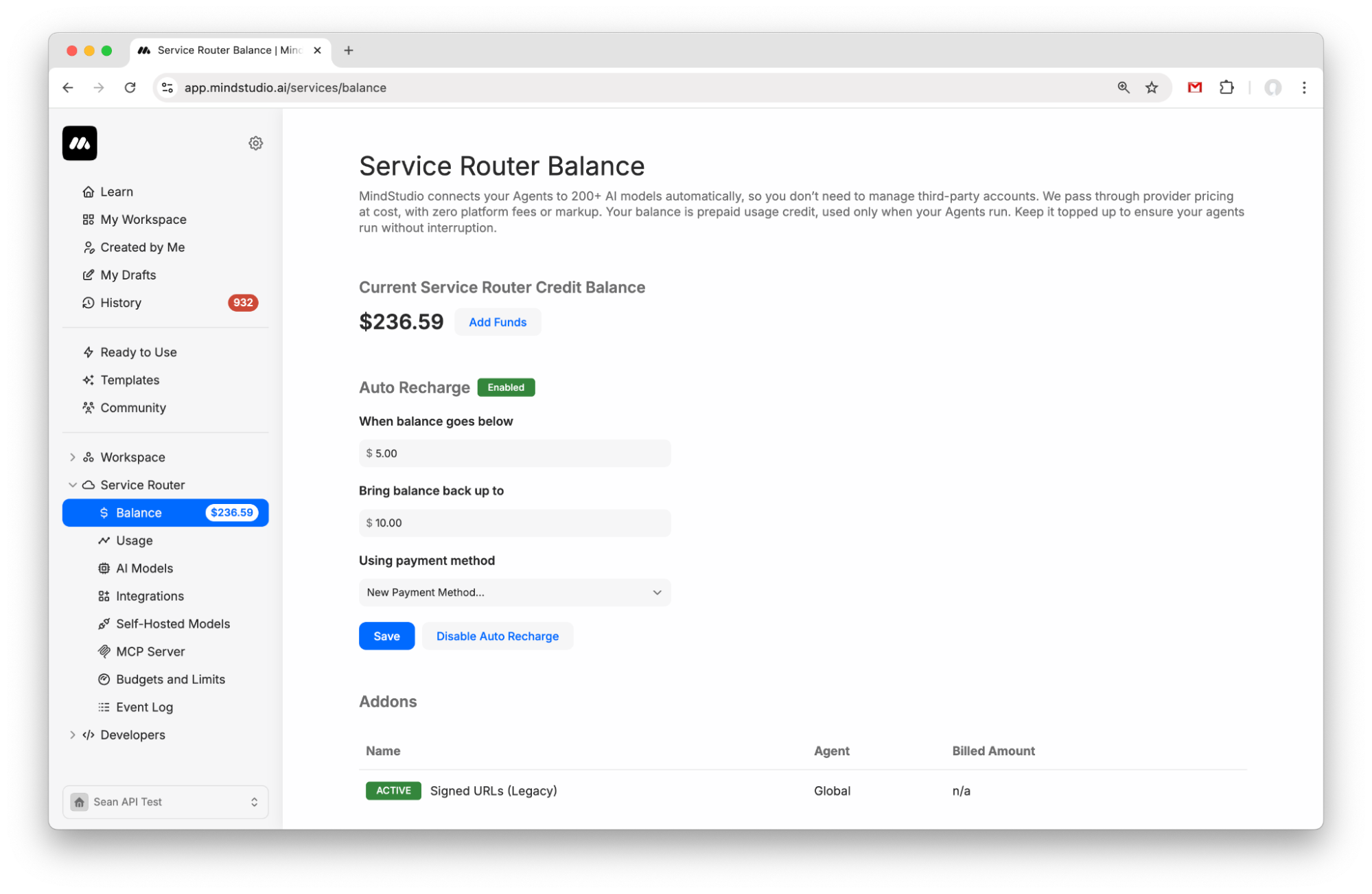 MindStudio account balance in Service Router