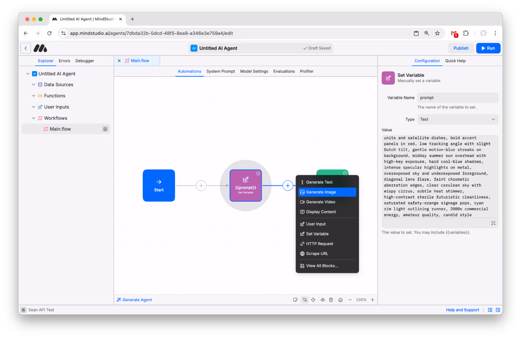 Add the Generate Image block to the workflow in MindStudio