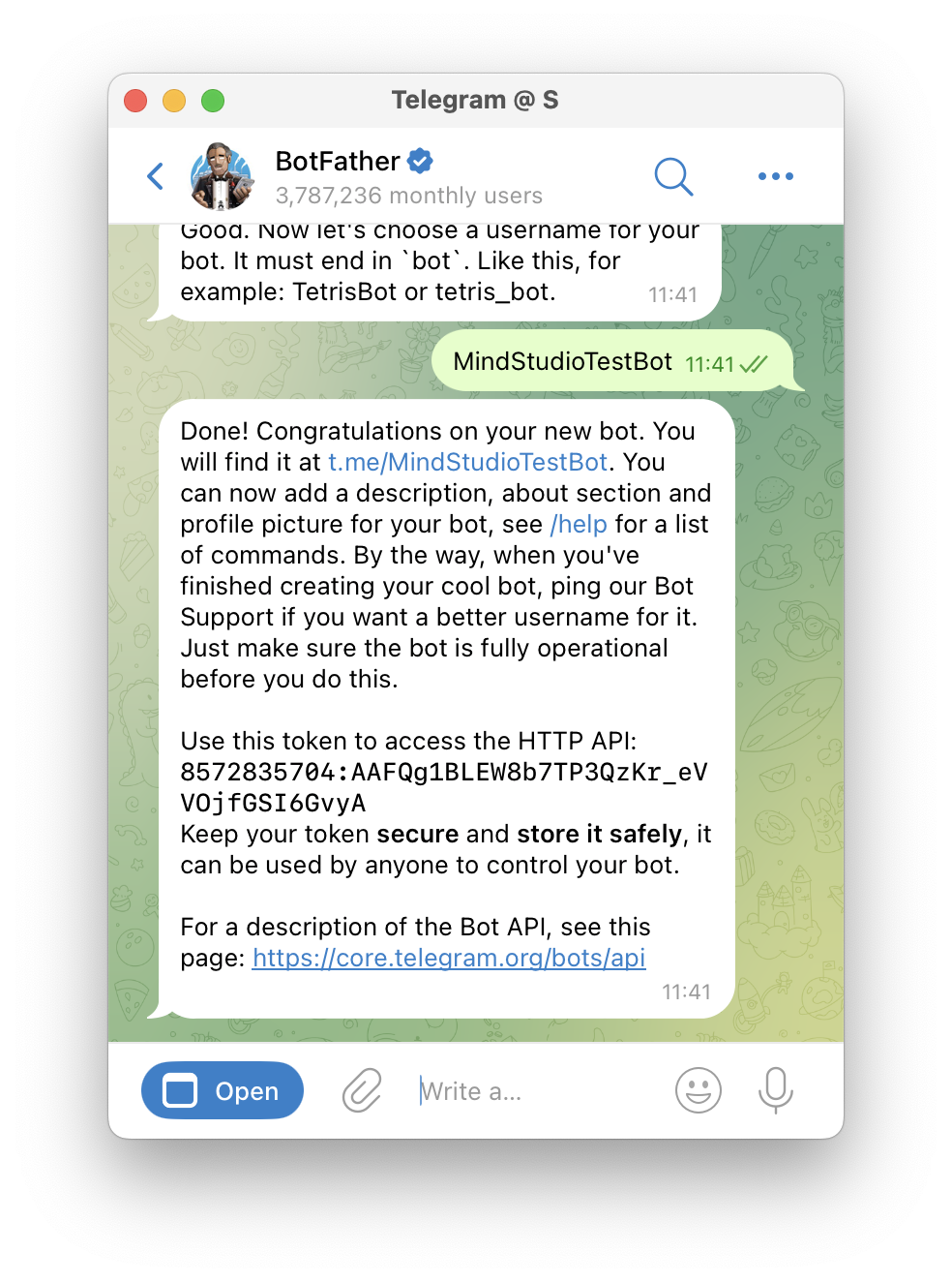 Telegram Bot is registered