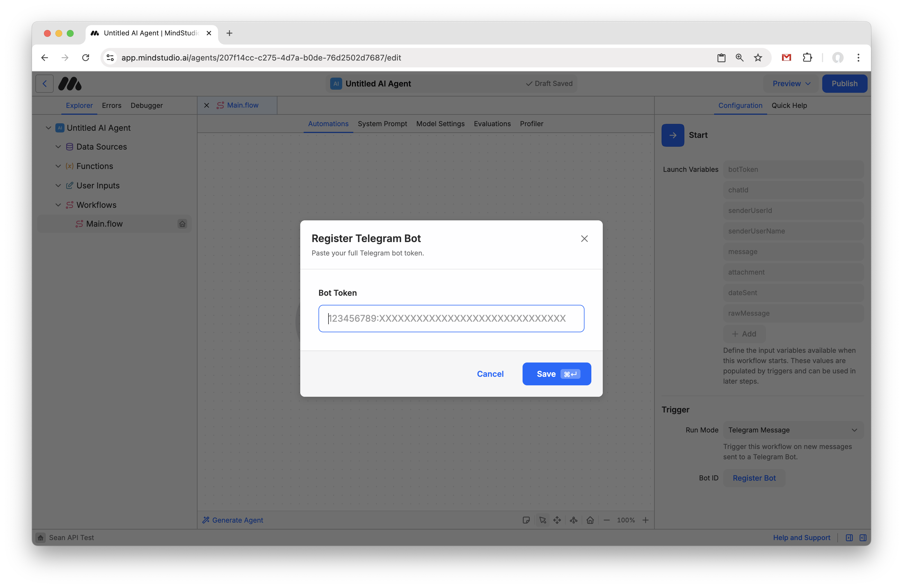 Register the Telegram Bot in the MindStudio Agent