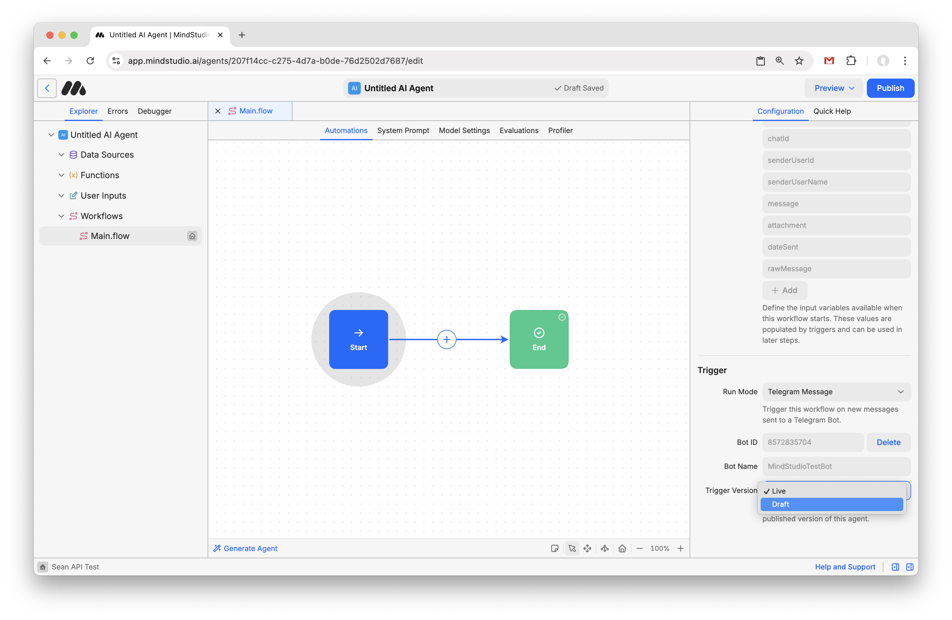 Change the trigger version to Draft in the Start block