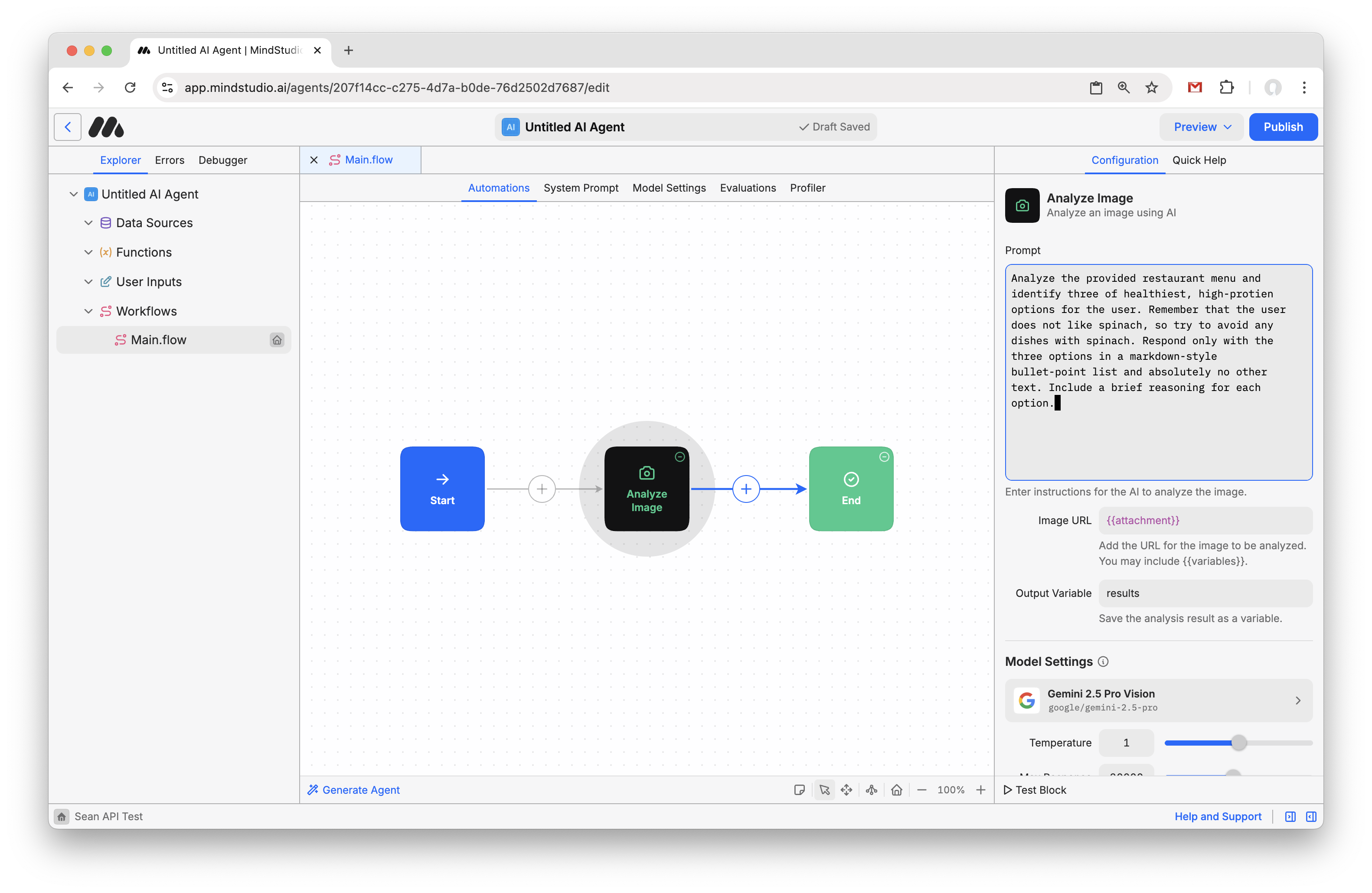 Enter the prompt into the Analyze Image block