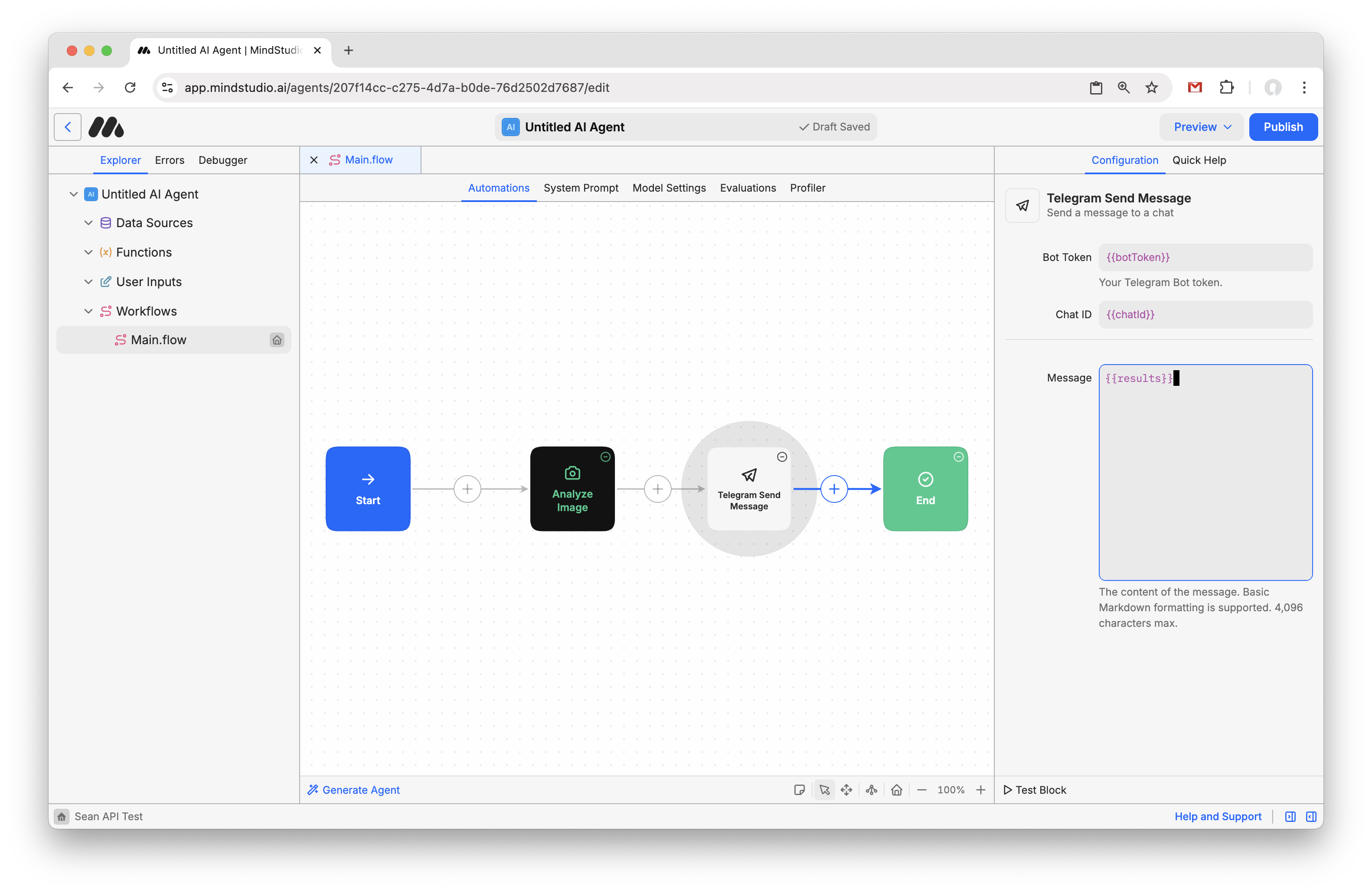 Enter "{{results}}" into the Message setting of the Telegram Send Message block