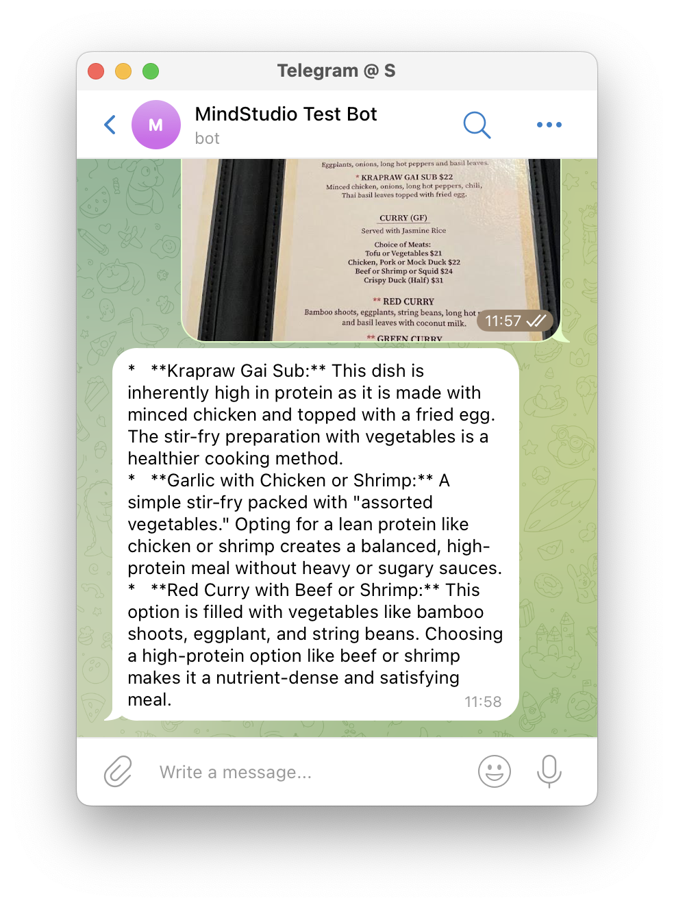 MindStudio analyzed the image, then returns the text analysis to the Telegram Bot