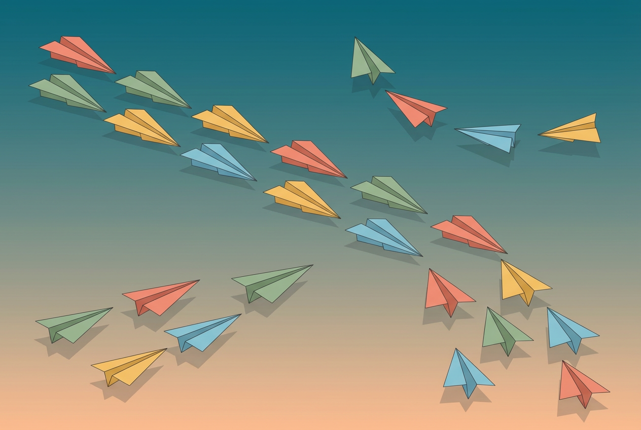 Colorful paper airplanes flying in