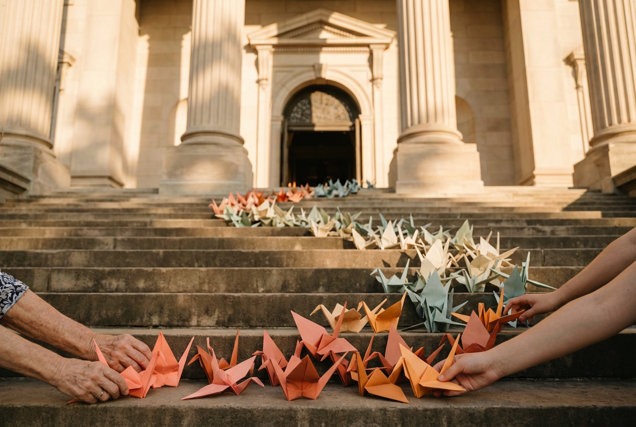 Two people arrange colorful origami