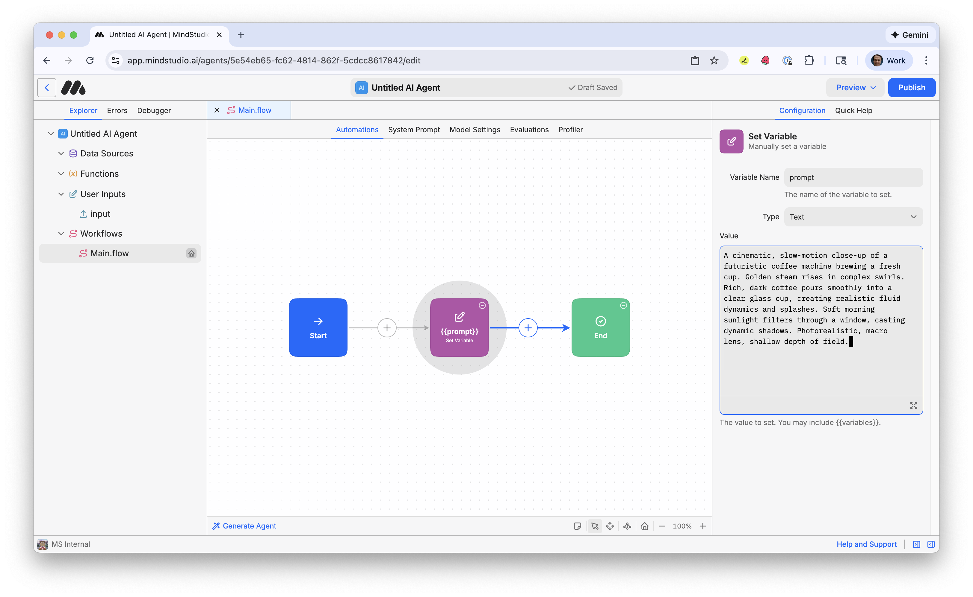 Enter {{prompt}} and the prompt into the Set Variable block in MindStudio
