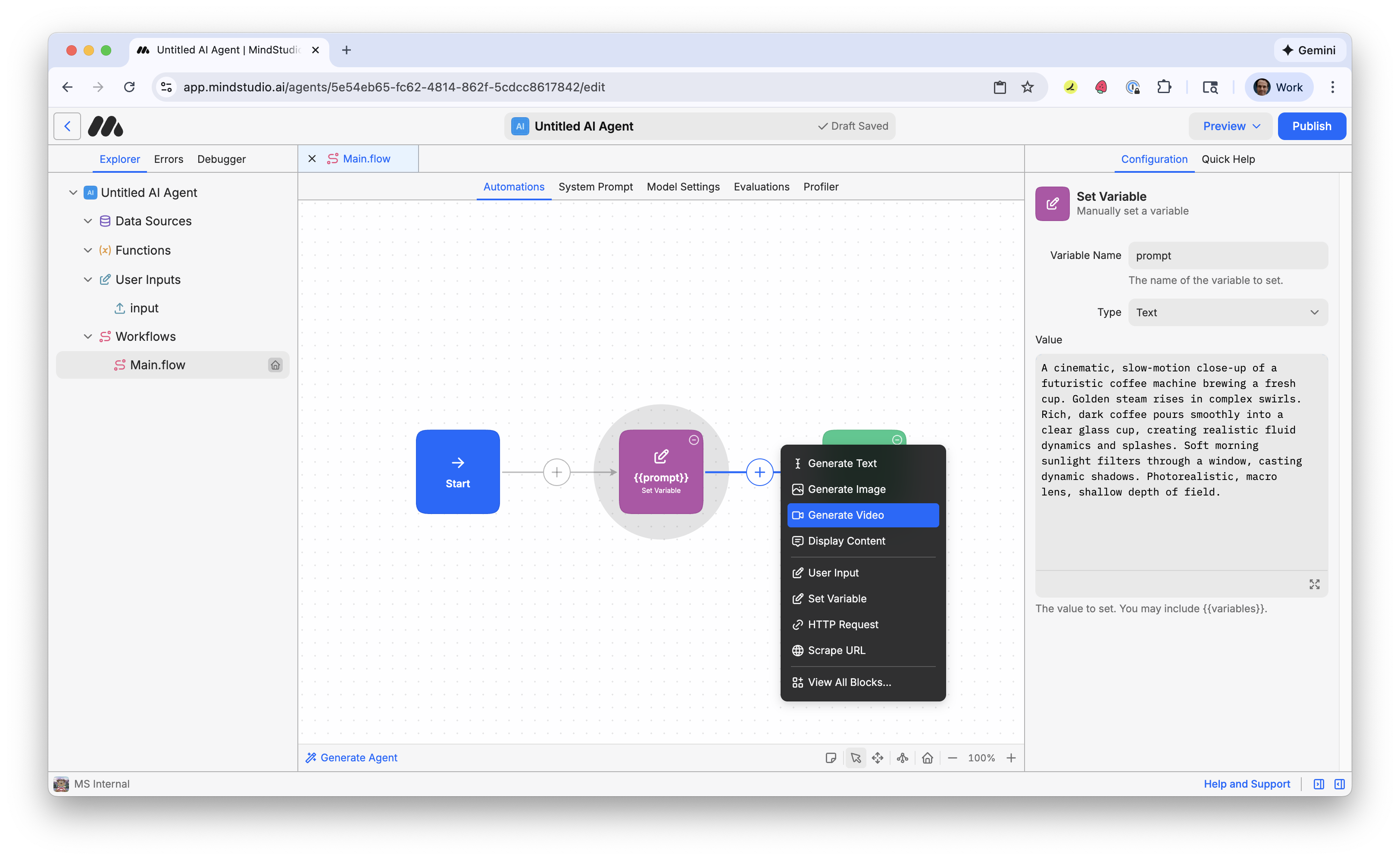 Add a Generate Video block to the MindStudio workflow