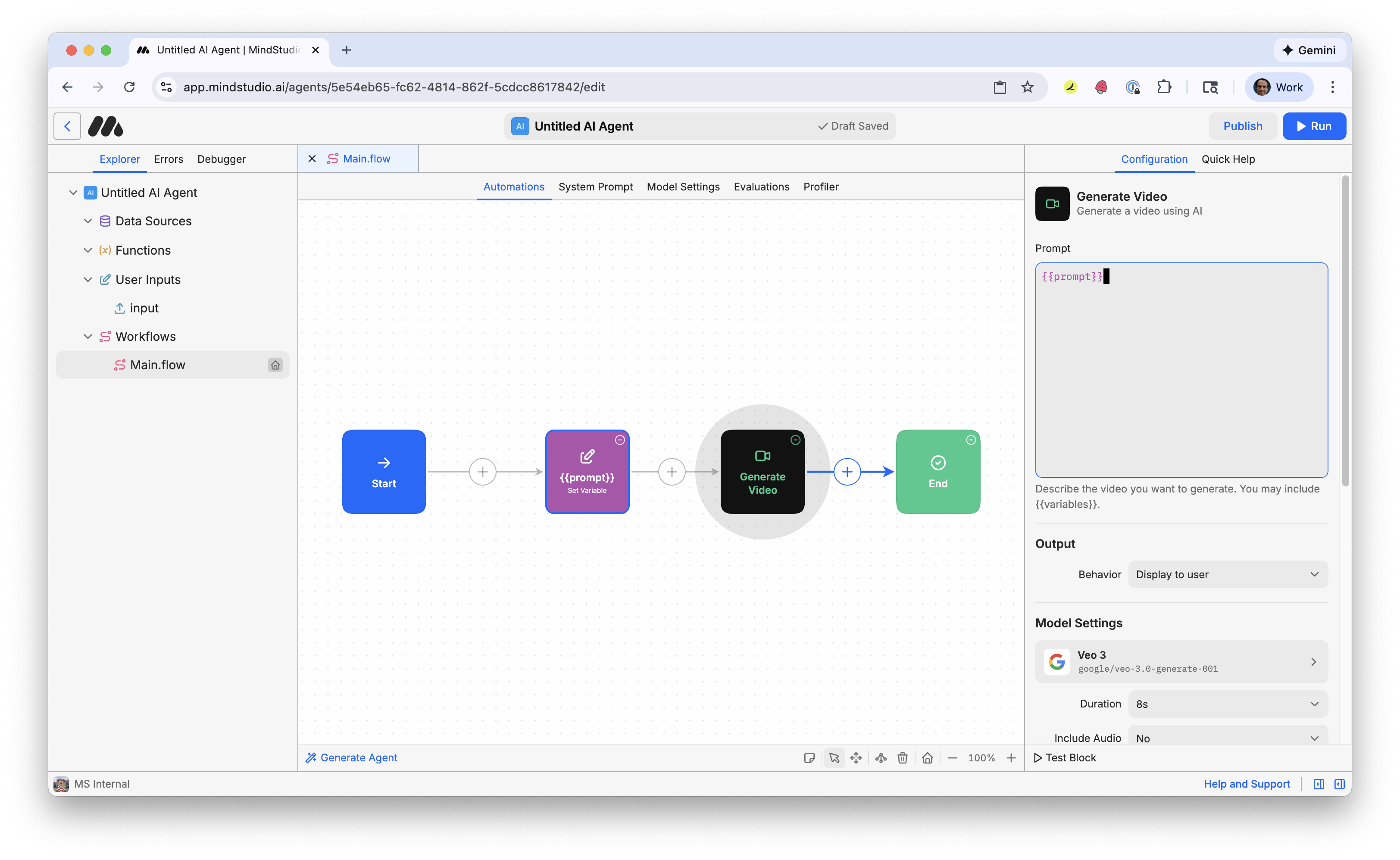 Enter {{prompt}} into the Generate Video block