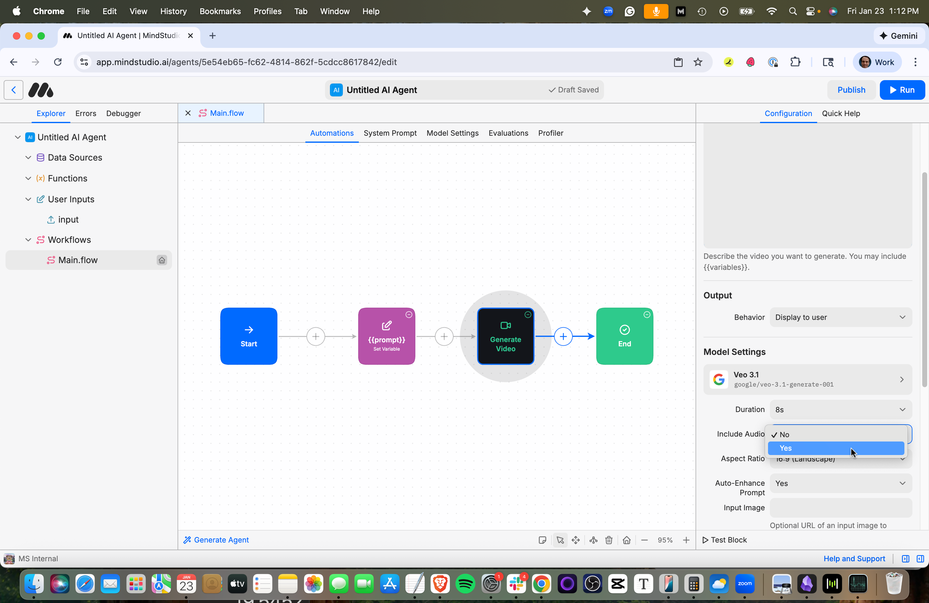 Set the Include Audio setting to Yes in the Generate Video block