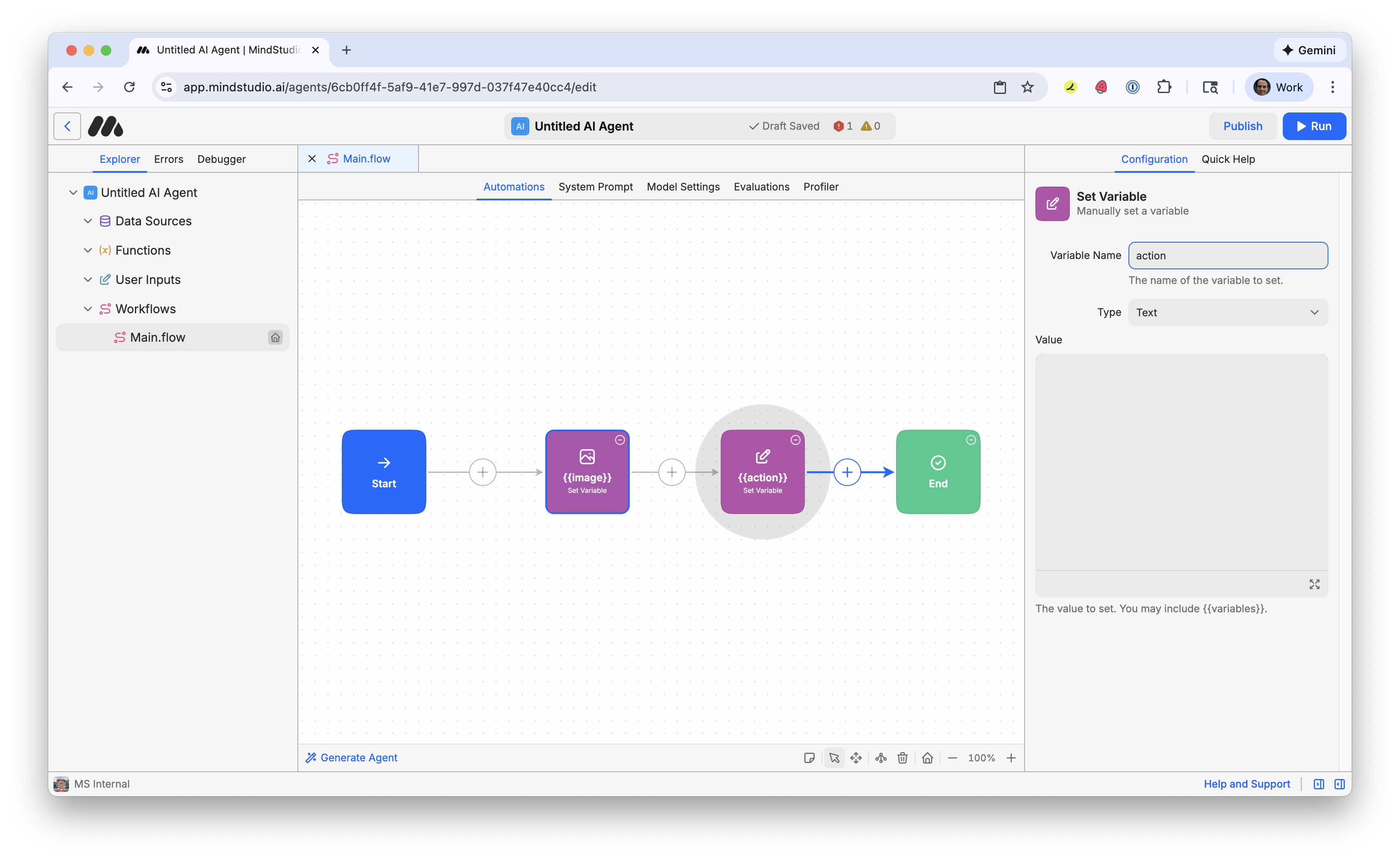 Enter action as the variable name into the second Set Variable block