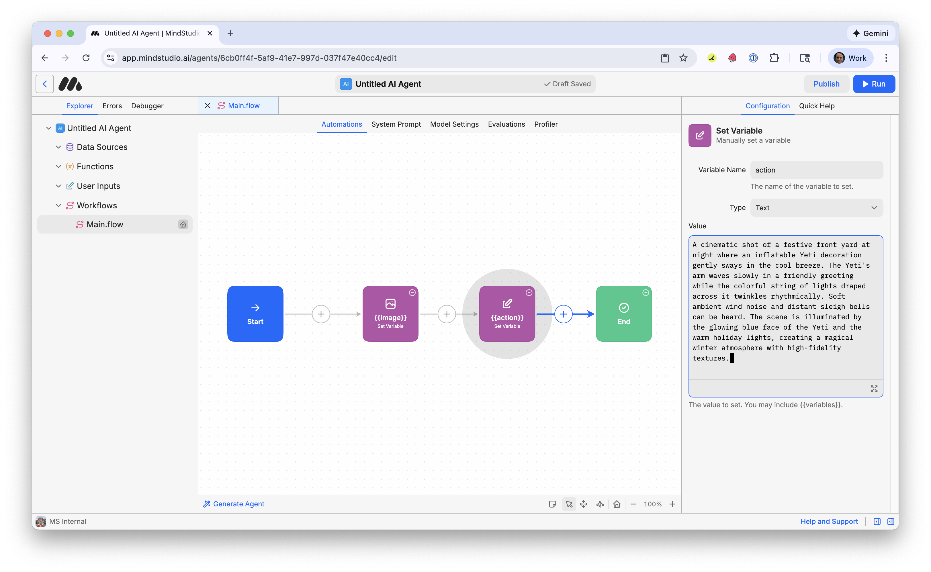 Add the prompt to the second Set Variable block describing the action