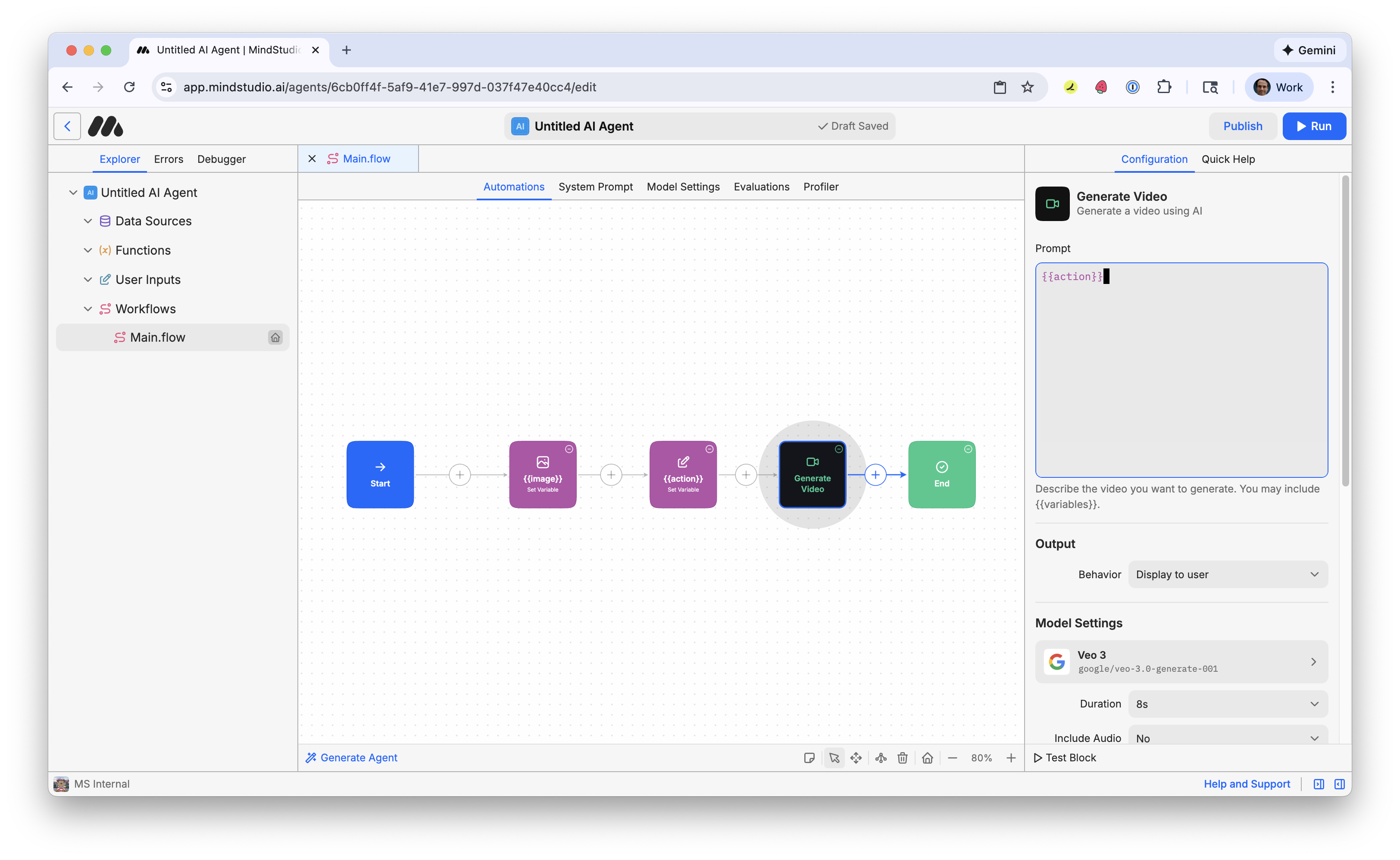 Type {{action}} into the the Prompt setting of the Generate Video block