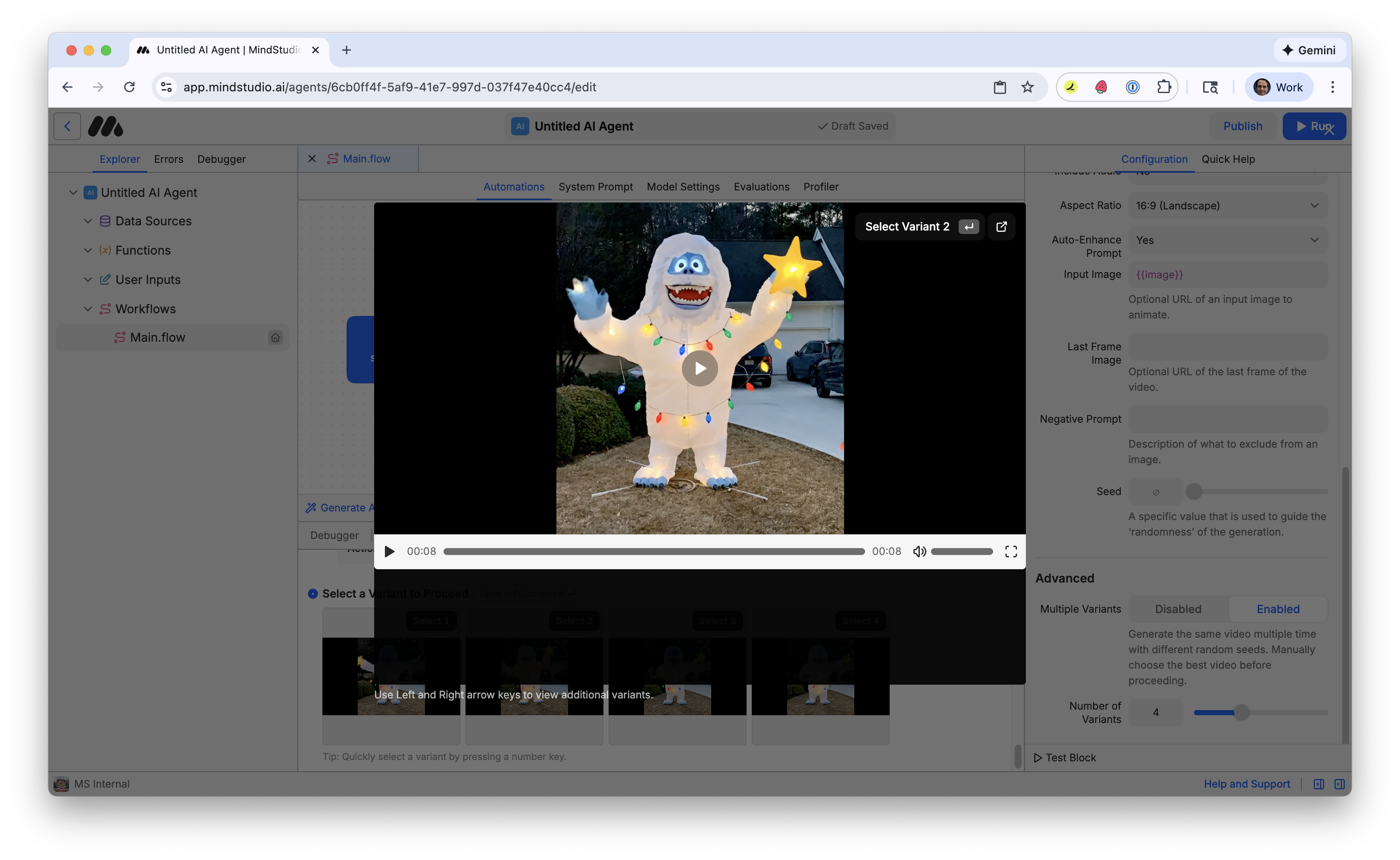 Select one of the multiple video variants to display it full screen