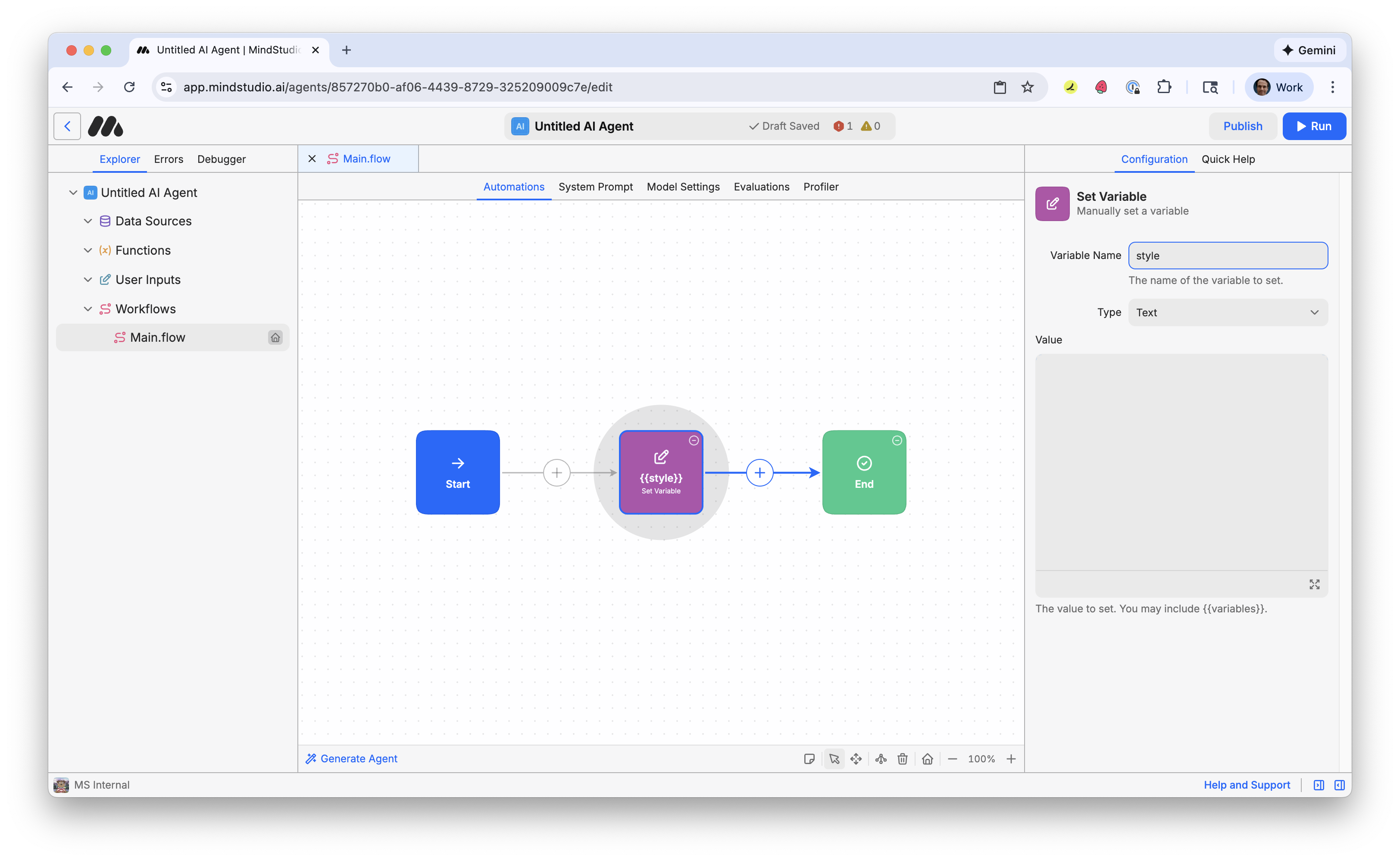 Add "style" to the Set Variable block prompt in MindStudio