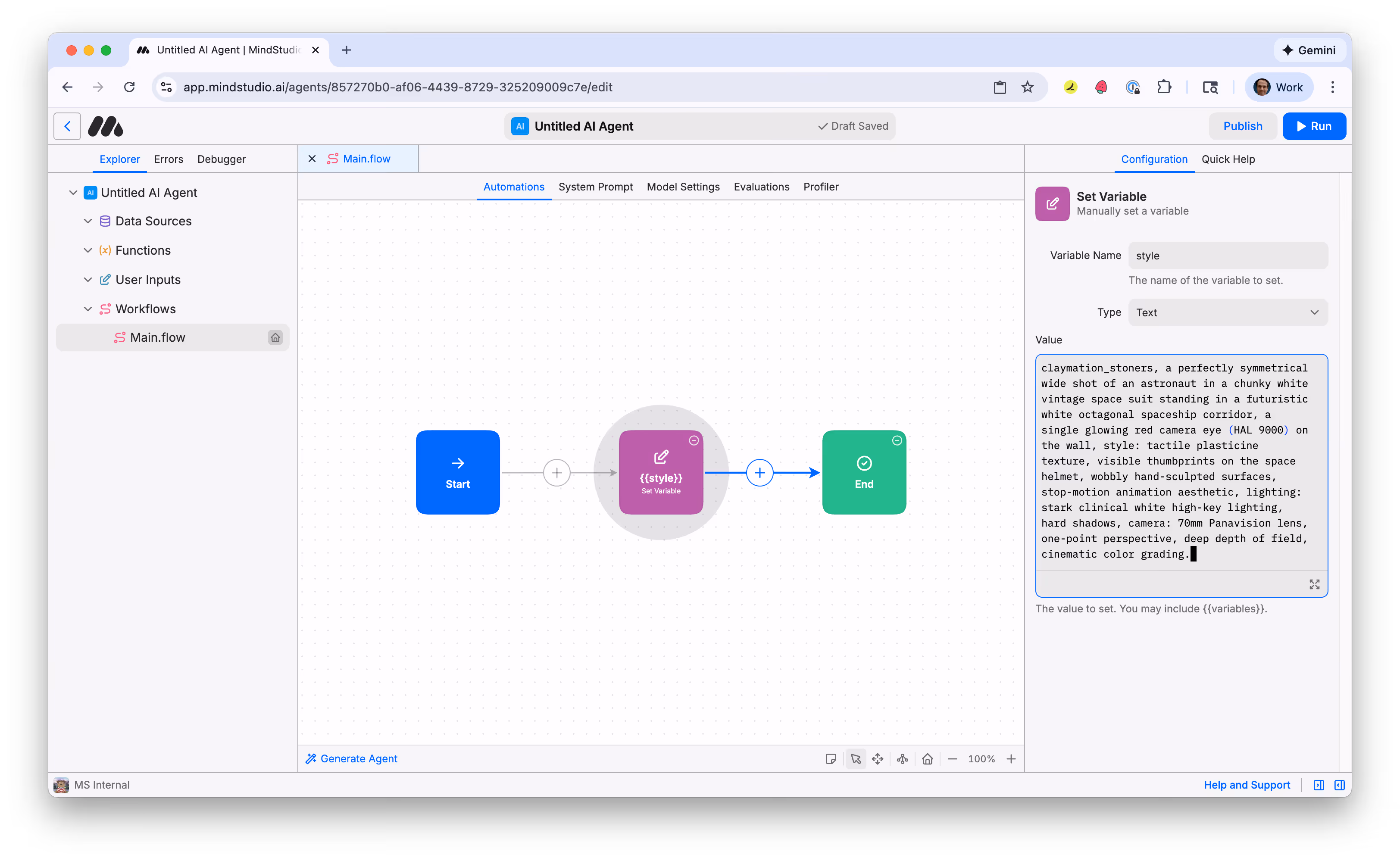 Add the prompt to the Set Variable block using the "style" variable