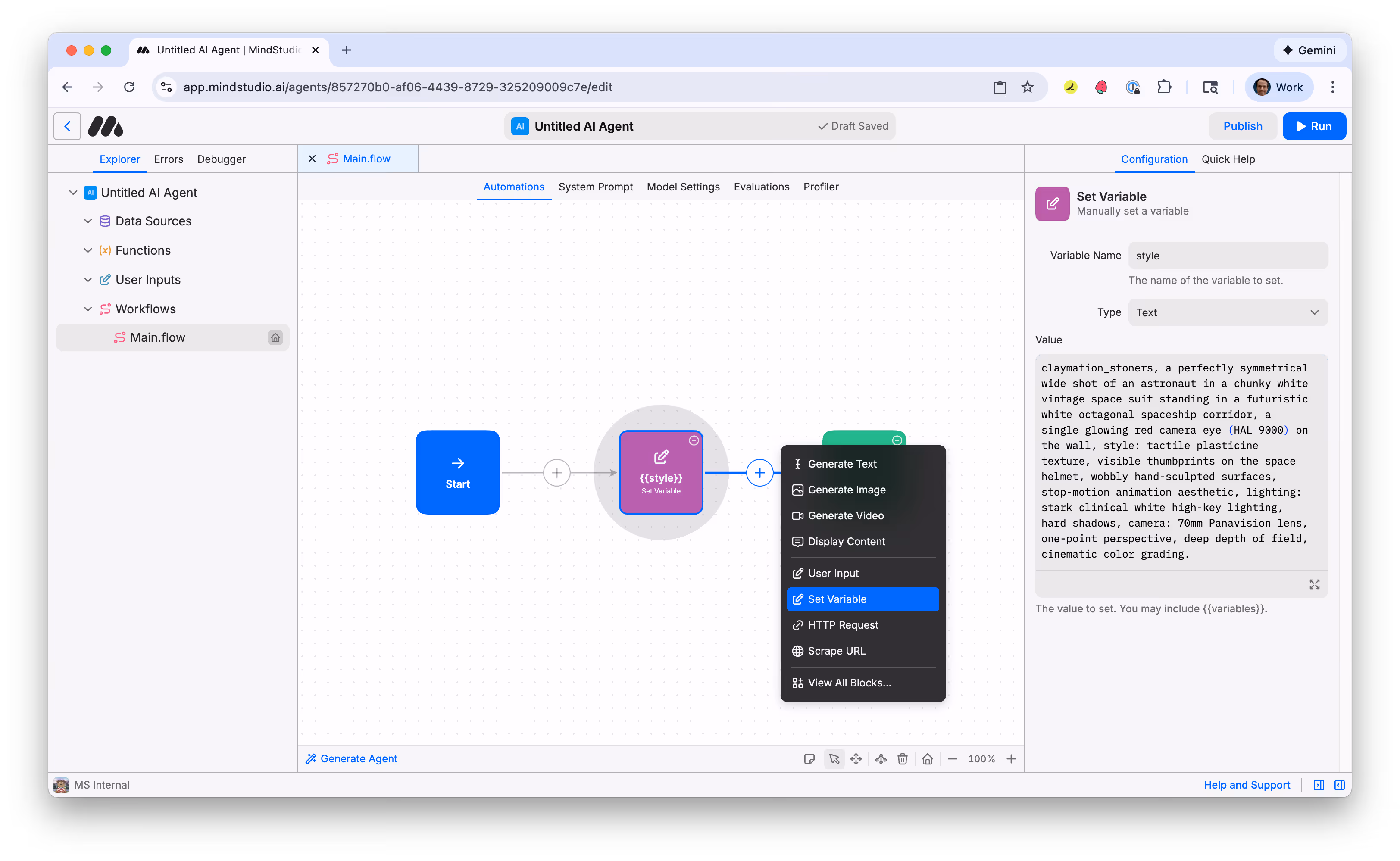 Add a second Set Variable block to the MindStudio workflow
