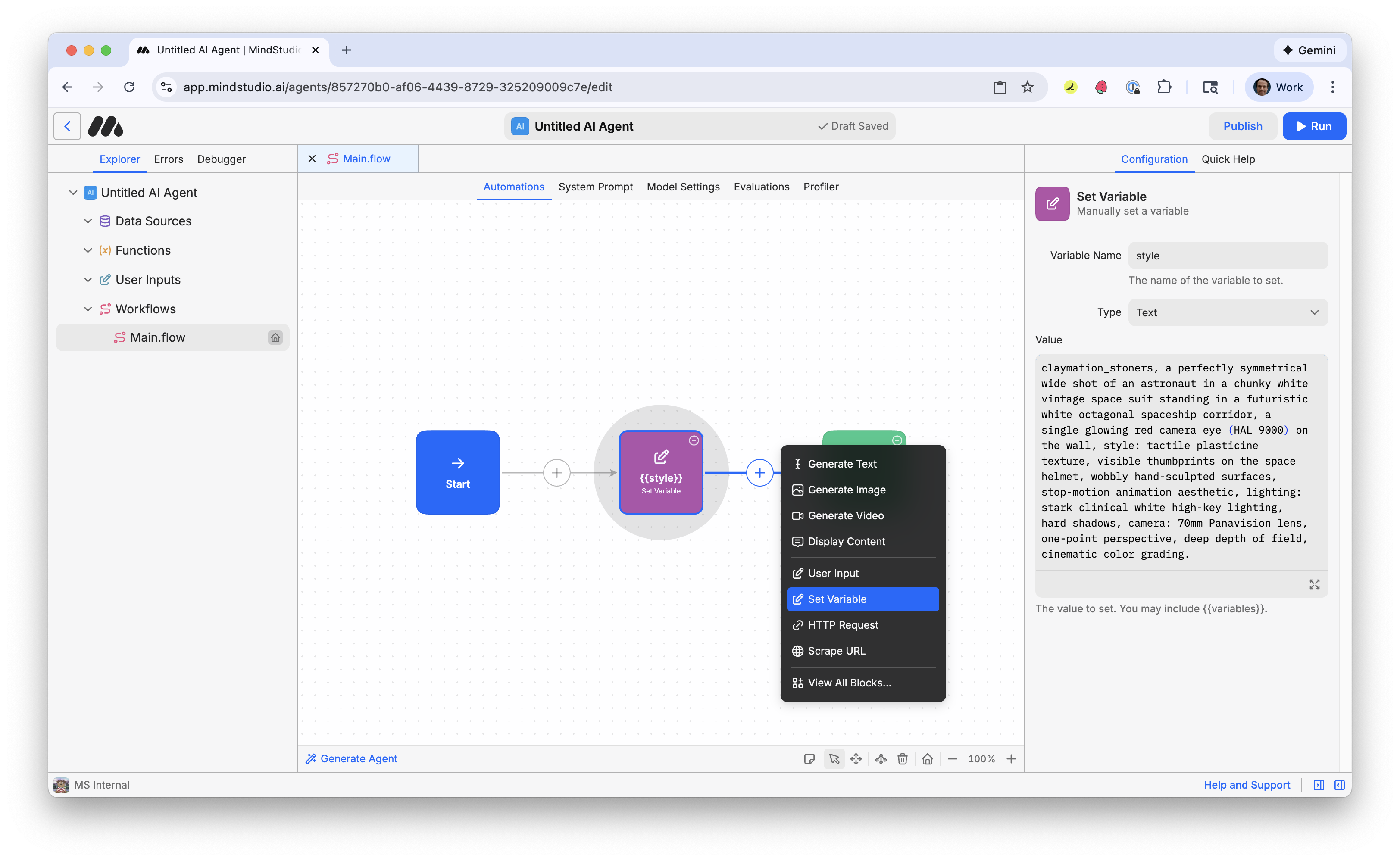 Add a second Set Variable block to the MindStudio workflow