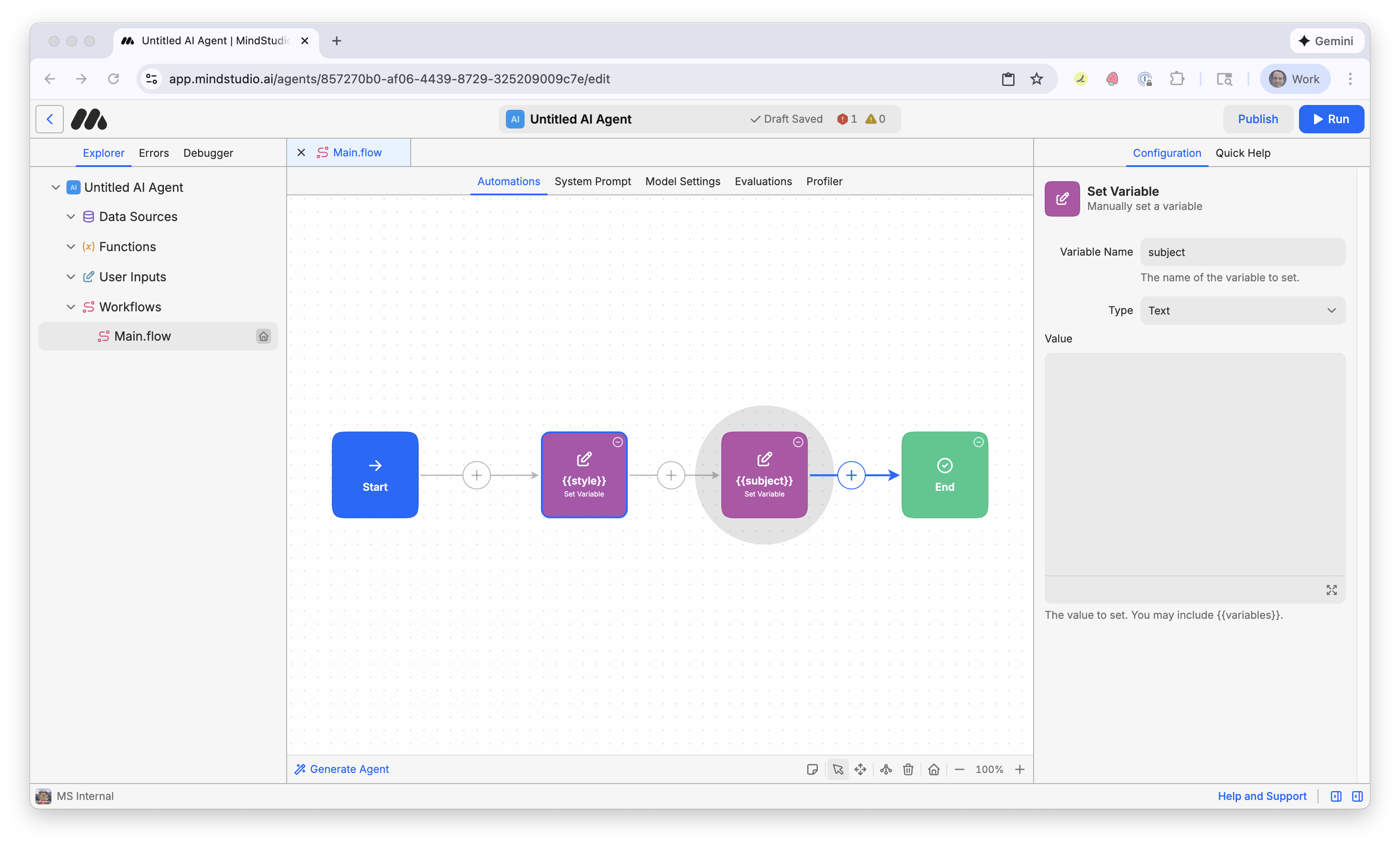 Add "subject" as the variable name for the second Set Variable workflow in MindStudio