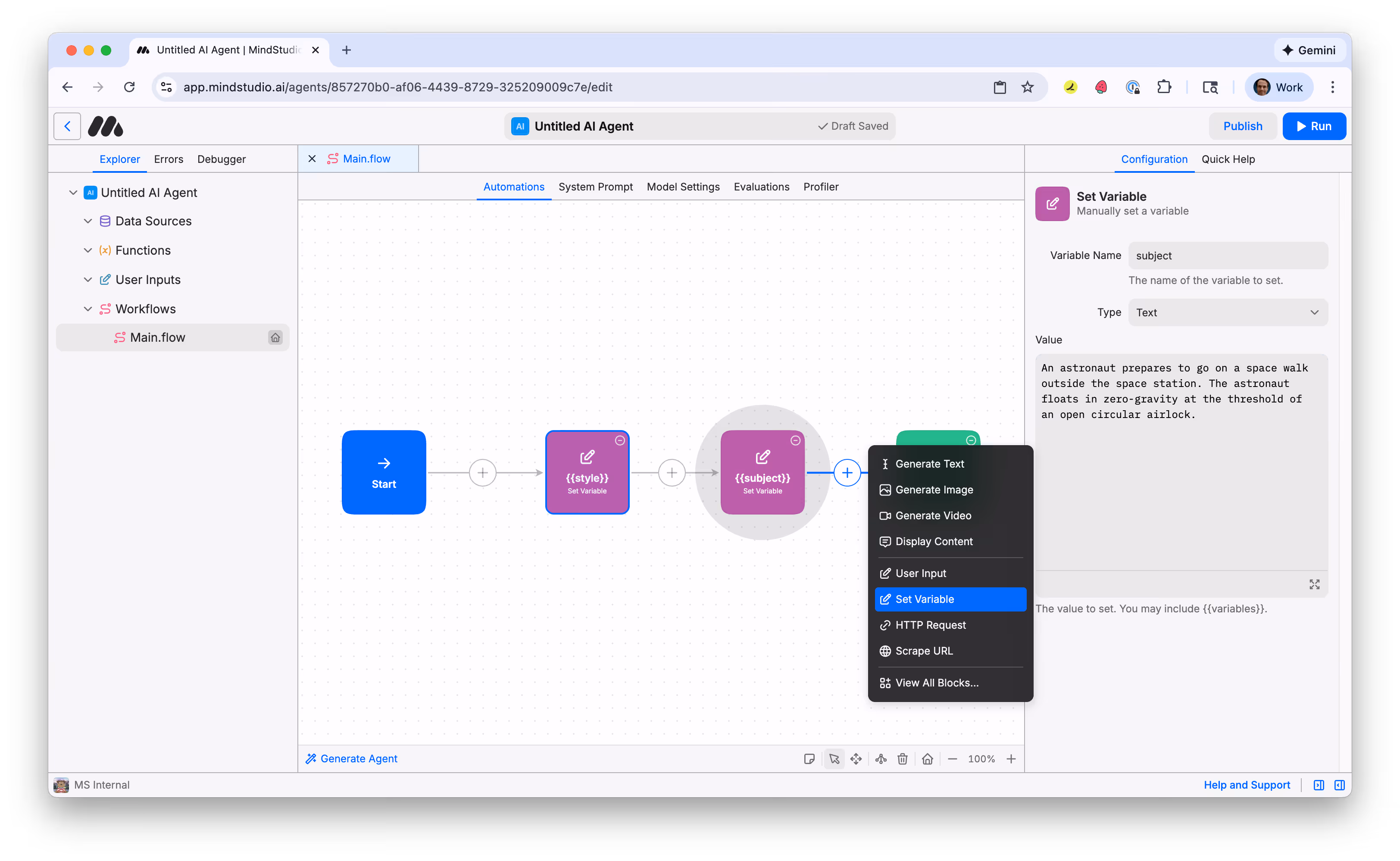 Add a third Set Variable block to the MindStudio workflow