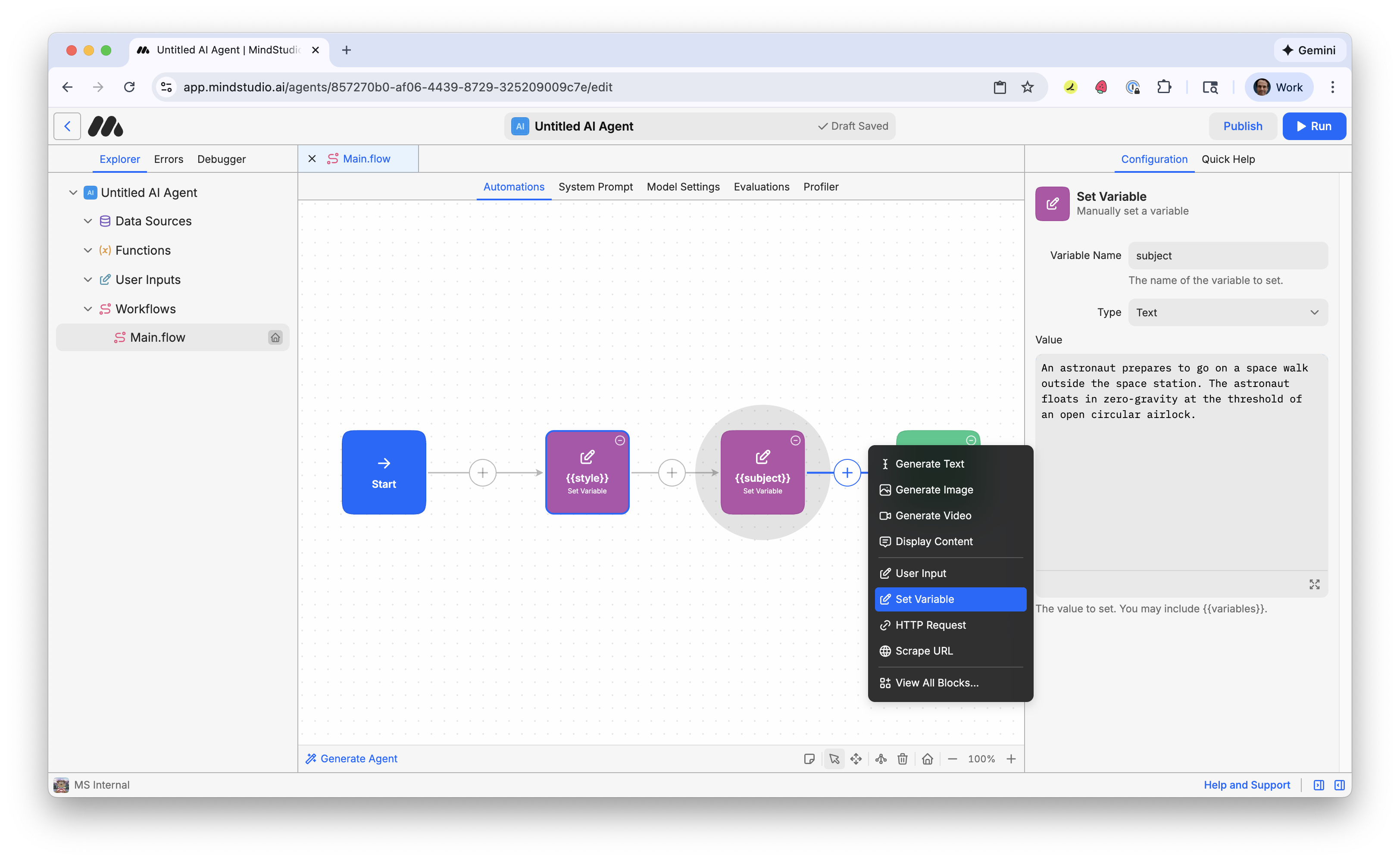 Add a third Set Variable block to the MindStudio workflow