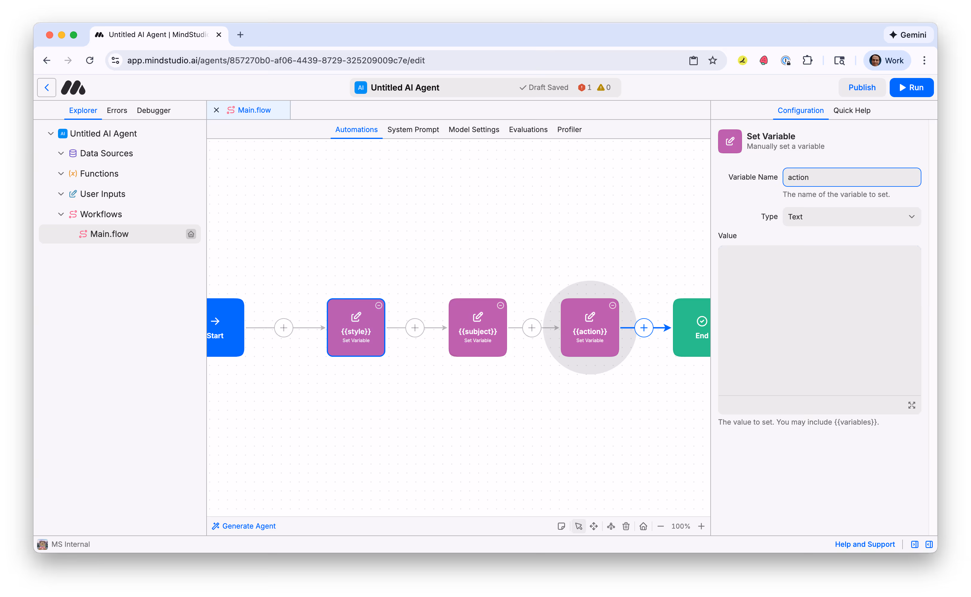 Add "action" to the third Set Variable block in the MindStudio workflow