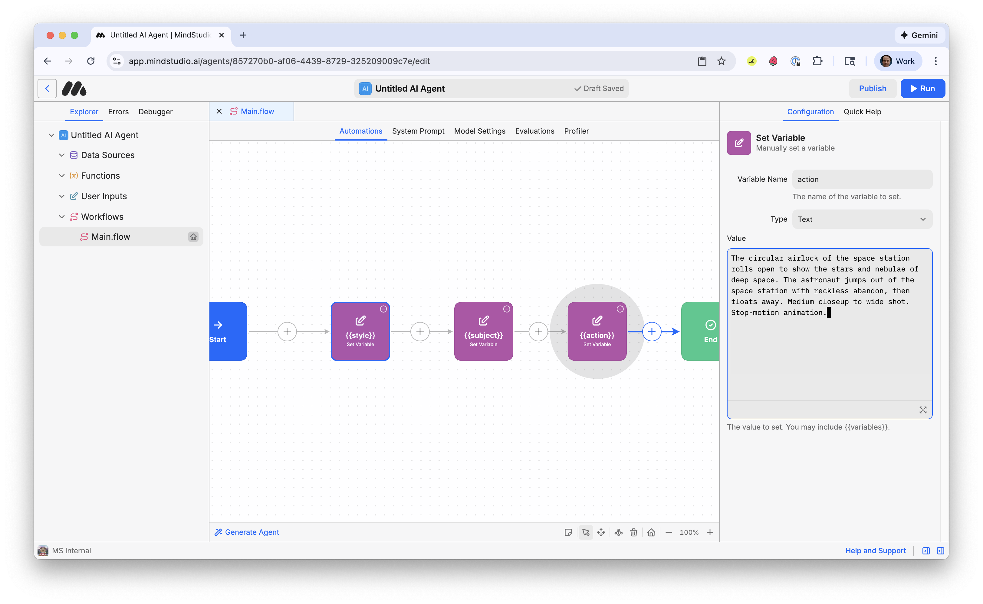 Add the prompt to the third Set Variable block with the variable named "action"