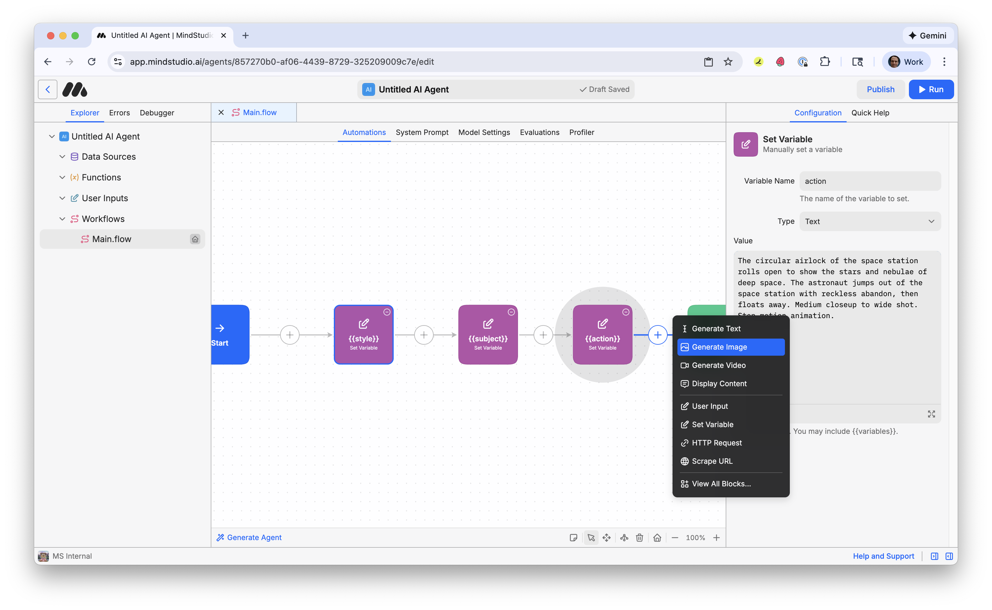 Add a Generate Image block to the MindStudio workflow