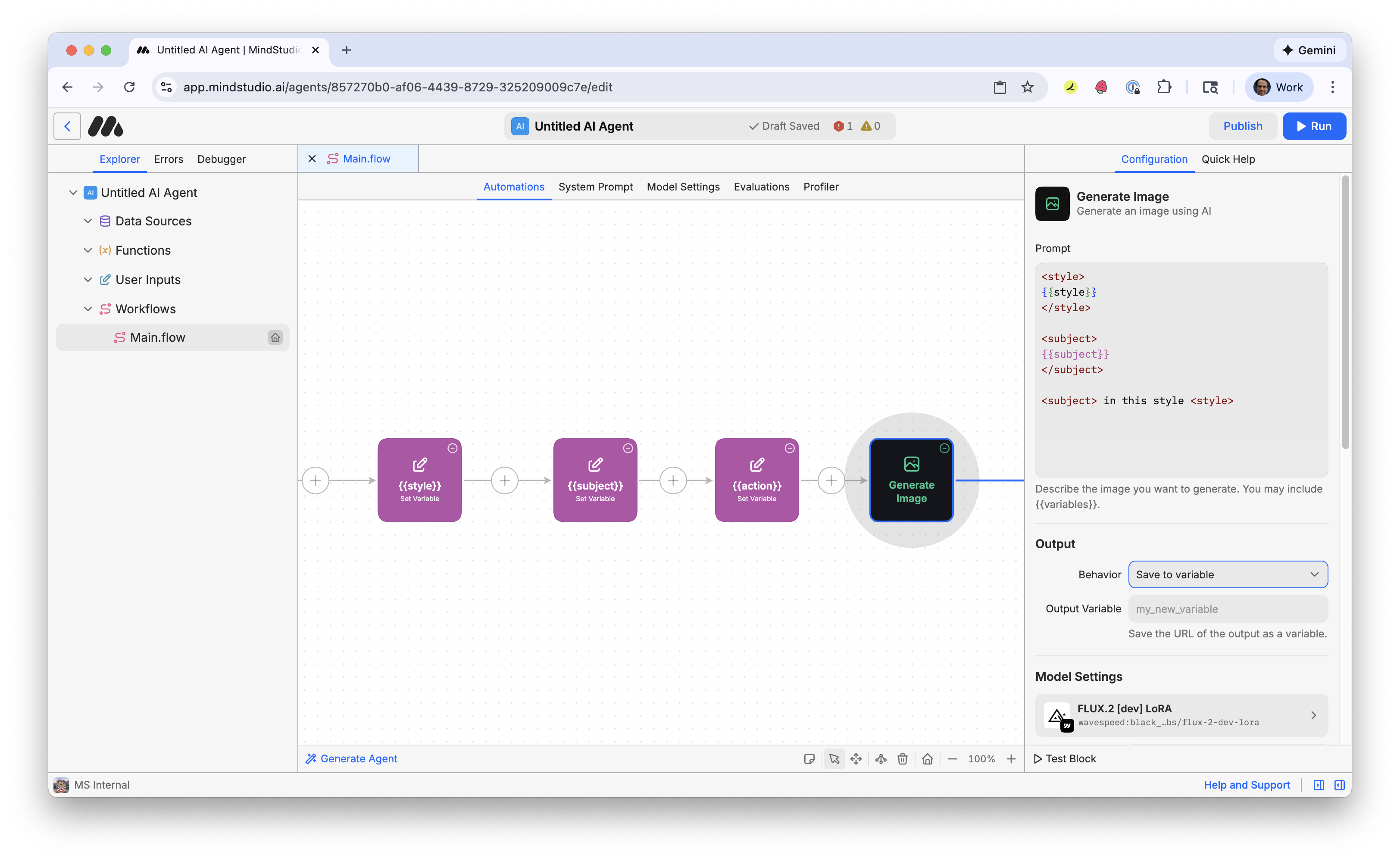 Set the behavior of the Generate Image block to output to a variable
