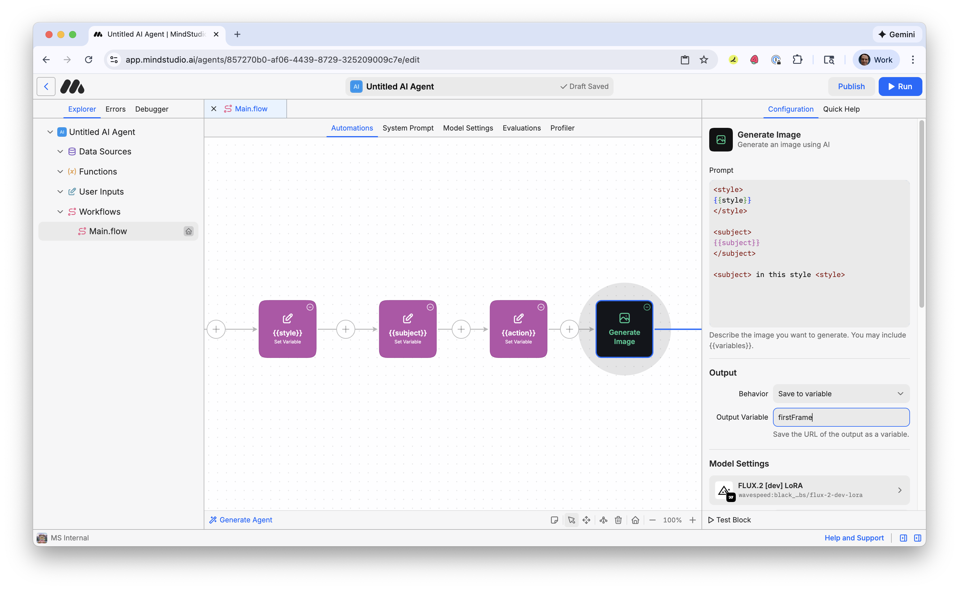 Add "firstFrame" to the Output Variable setting for the Generate Image block in MindStudio