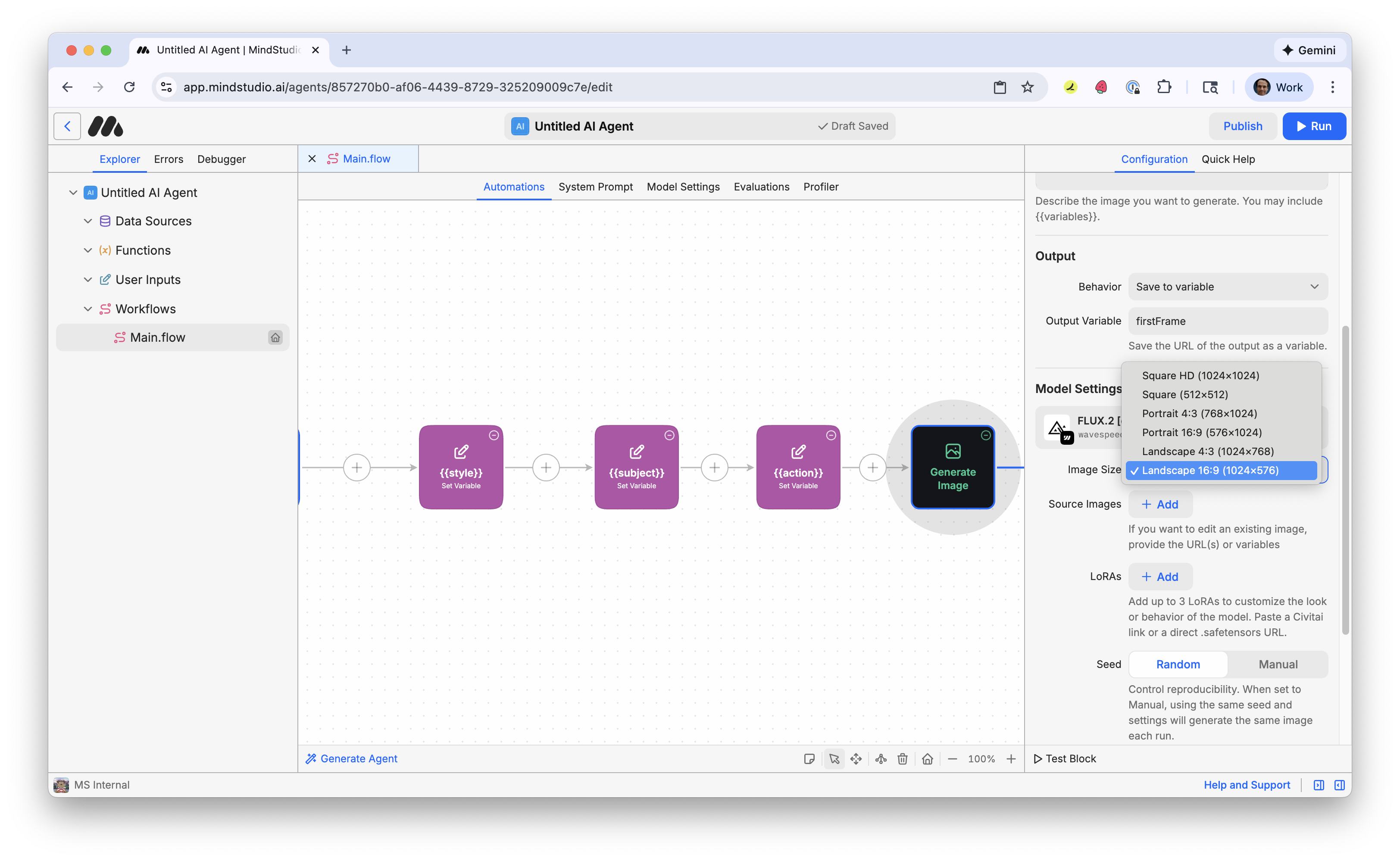 Set the output image size of the generated image to 16:9 aspect ratio