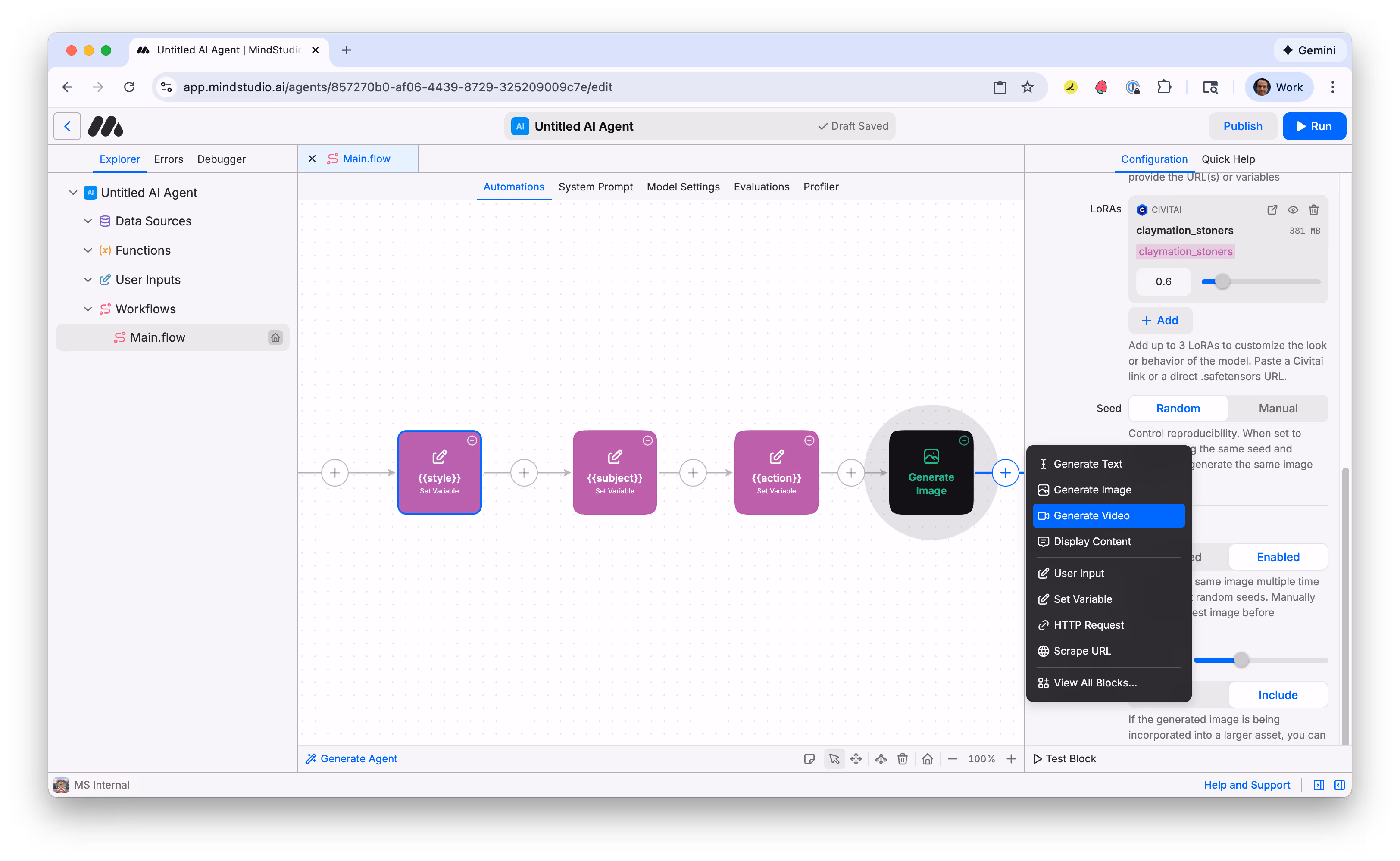 Add a Generate Video block to the MindStudio workflow