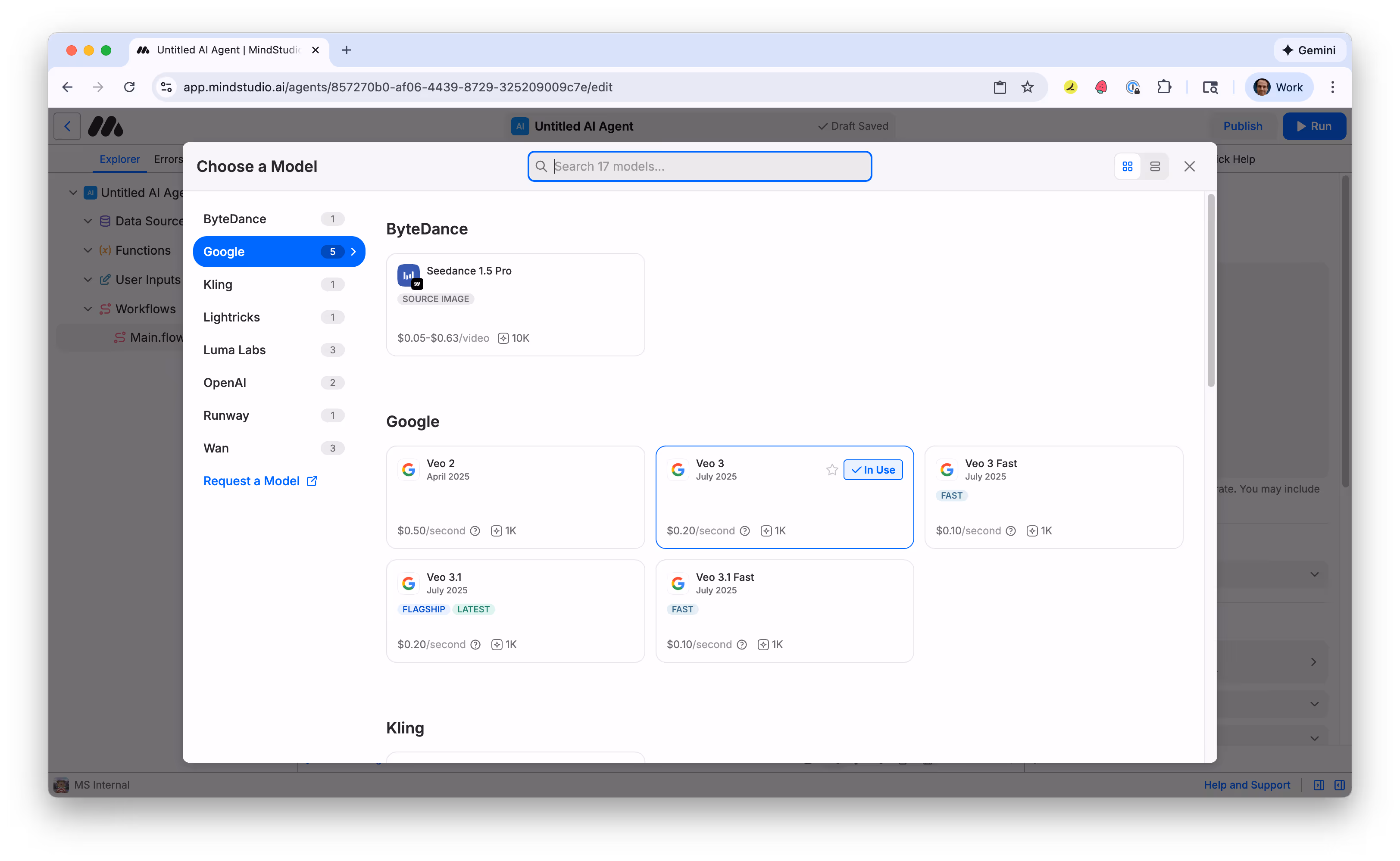 View the Video Model picker in MindStudio