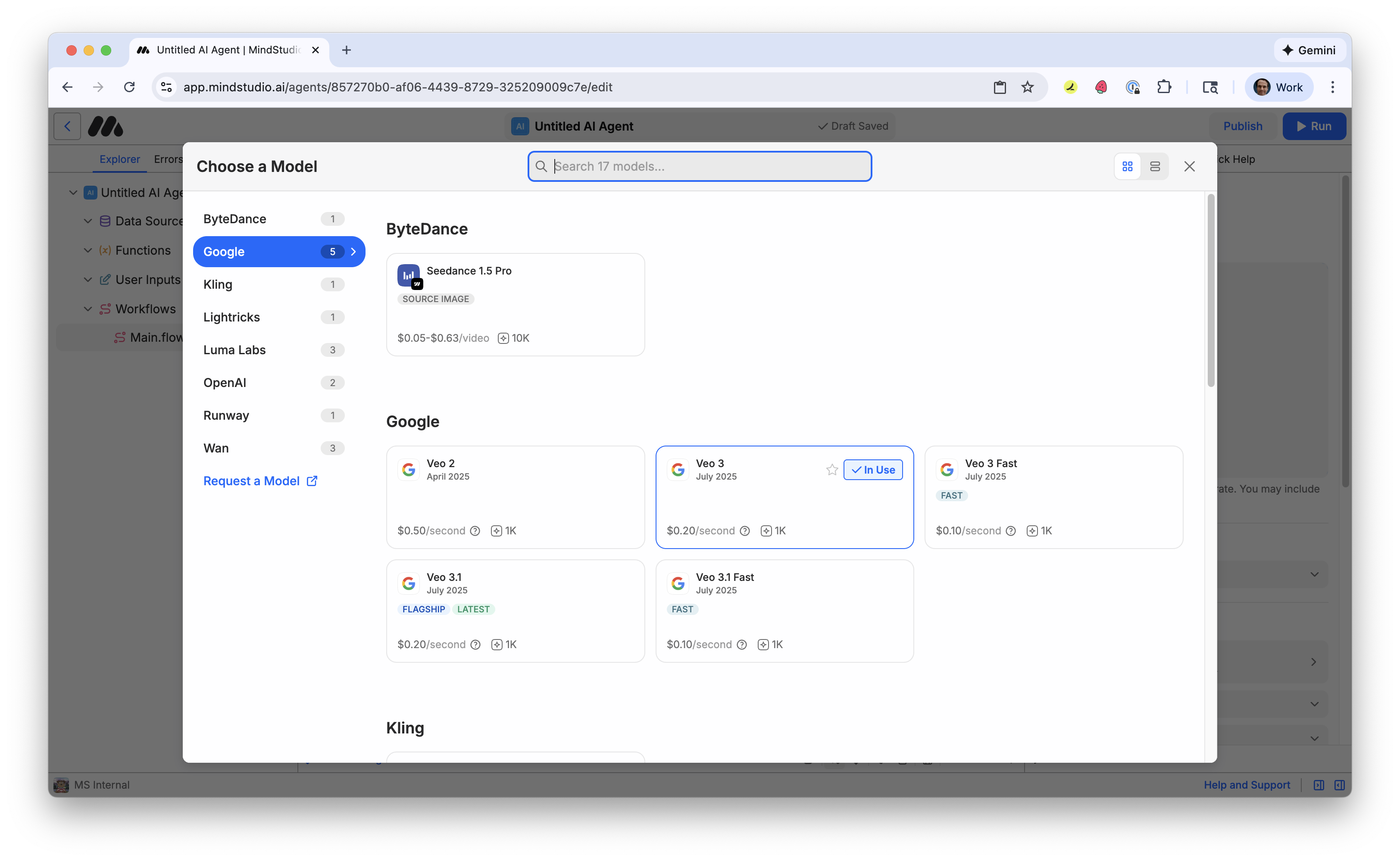 View the Video Model picker in MindStudio