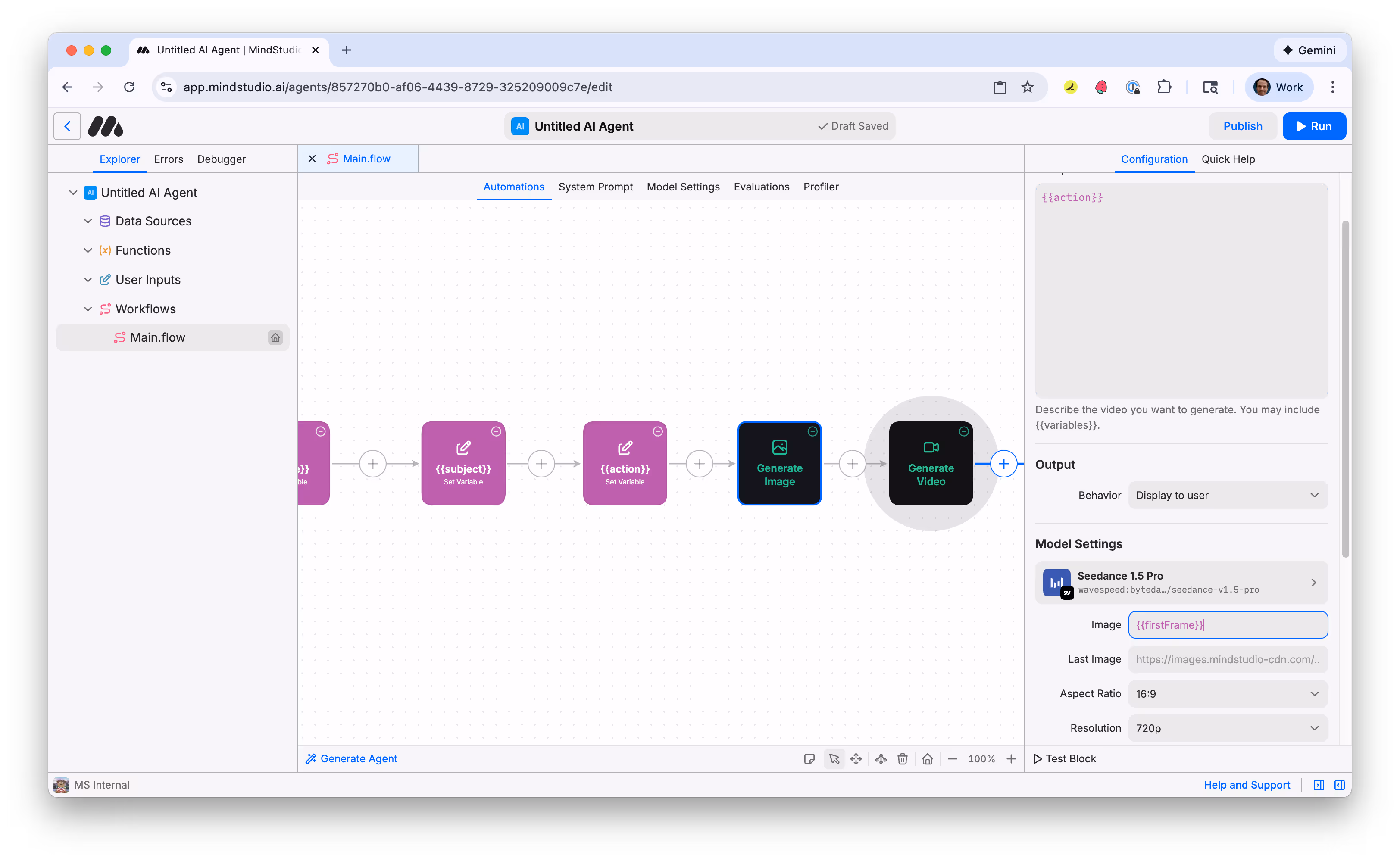 Add "{{firstFrame}}" to the Image setting in the Generate Video block