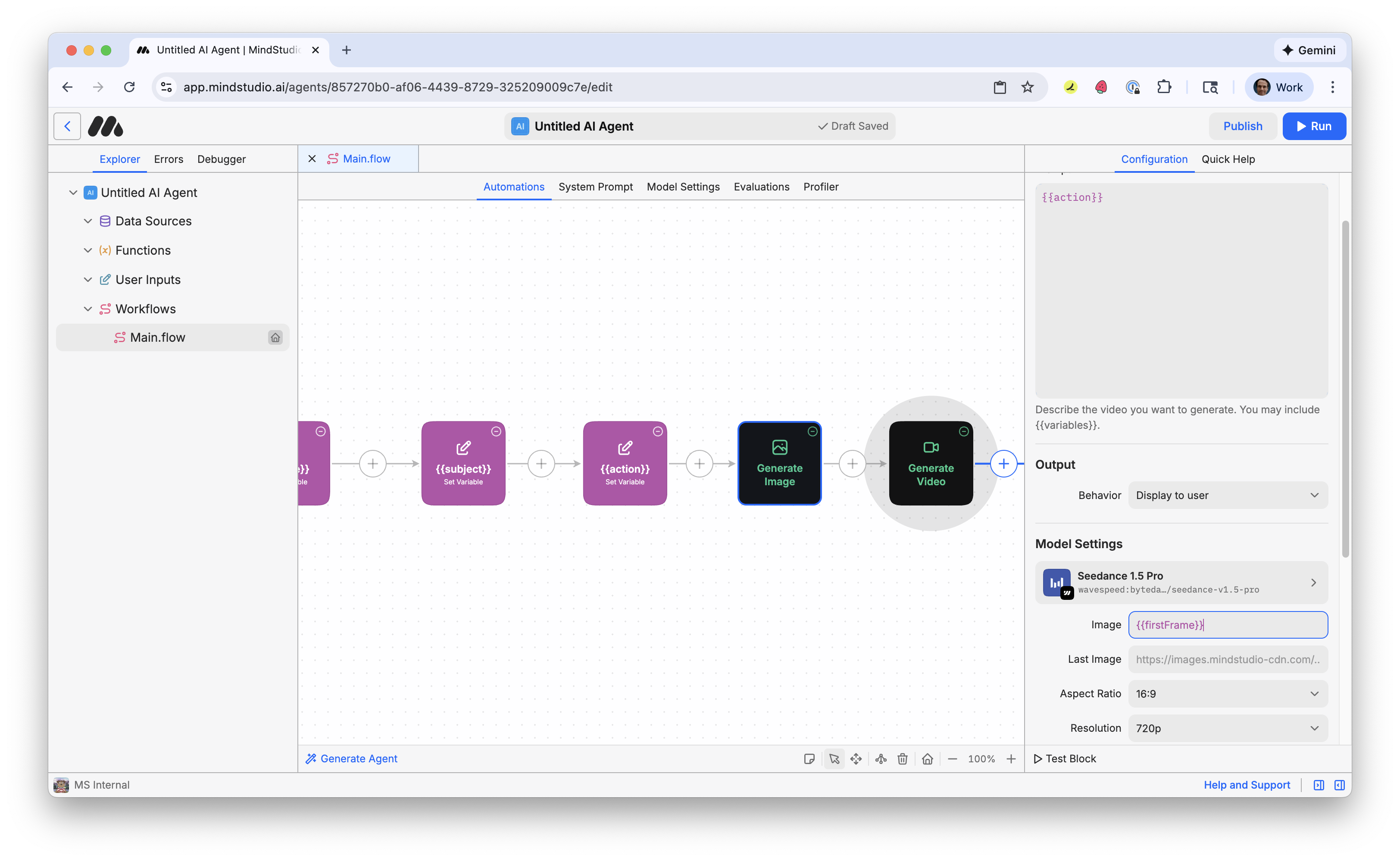 Add "{{firstFrame}}" to the Image setting in the Generate Video block
