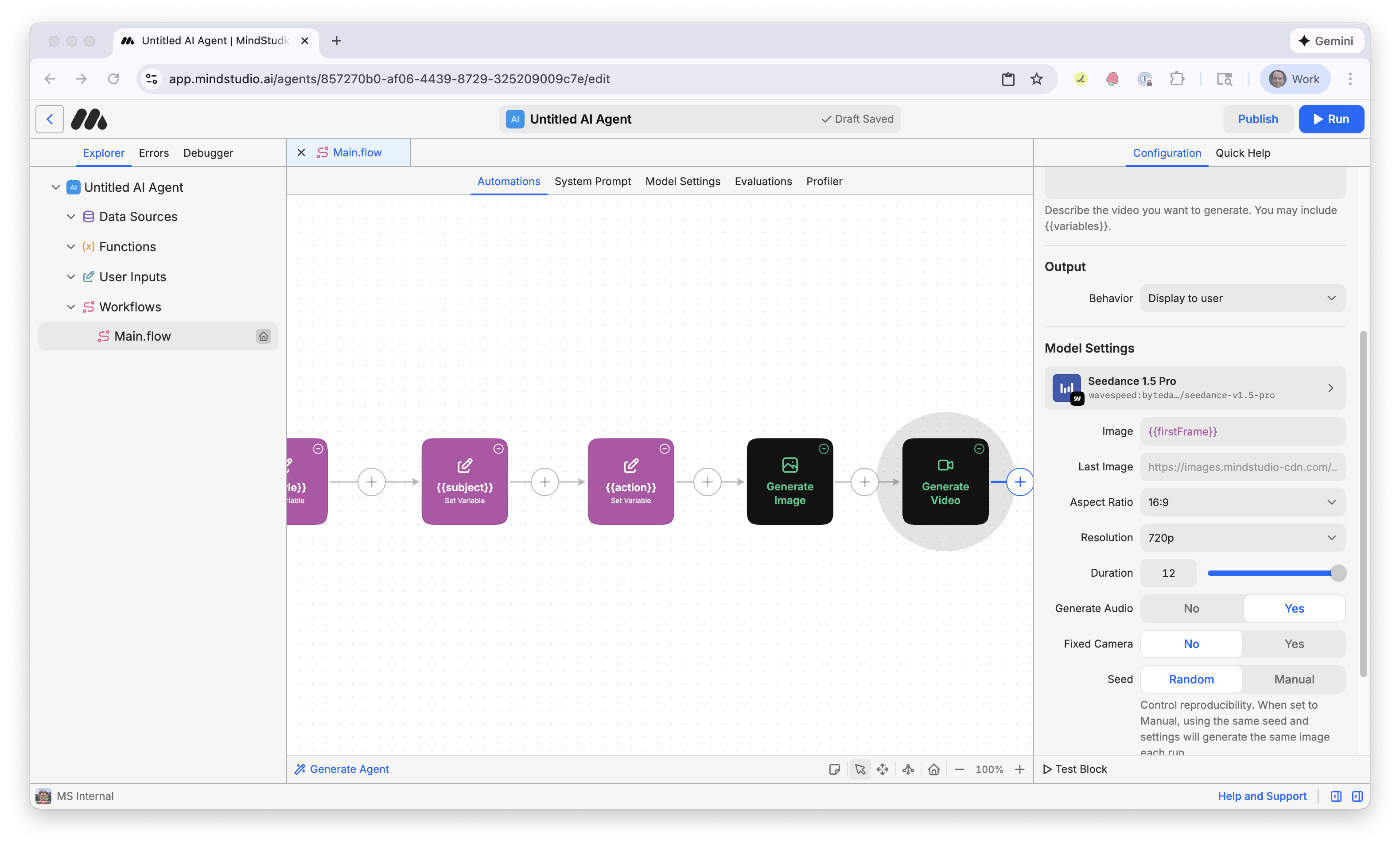 Optionally, set the Duration setting of the Generate Video block to 12 seconds