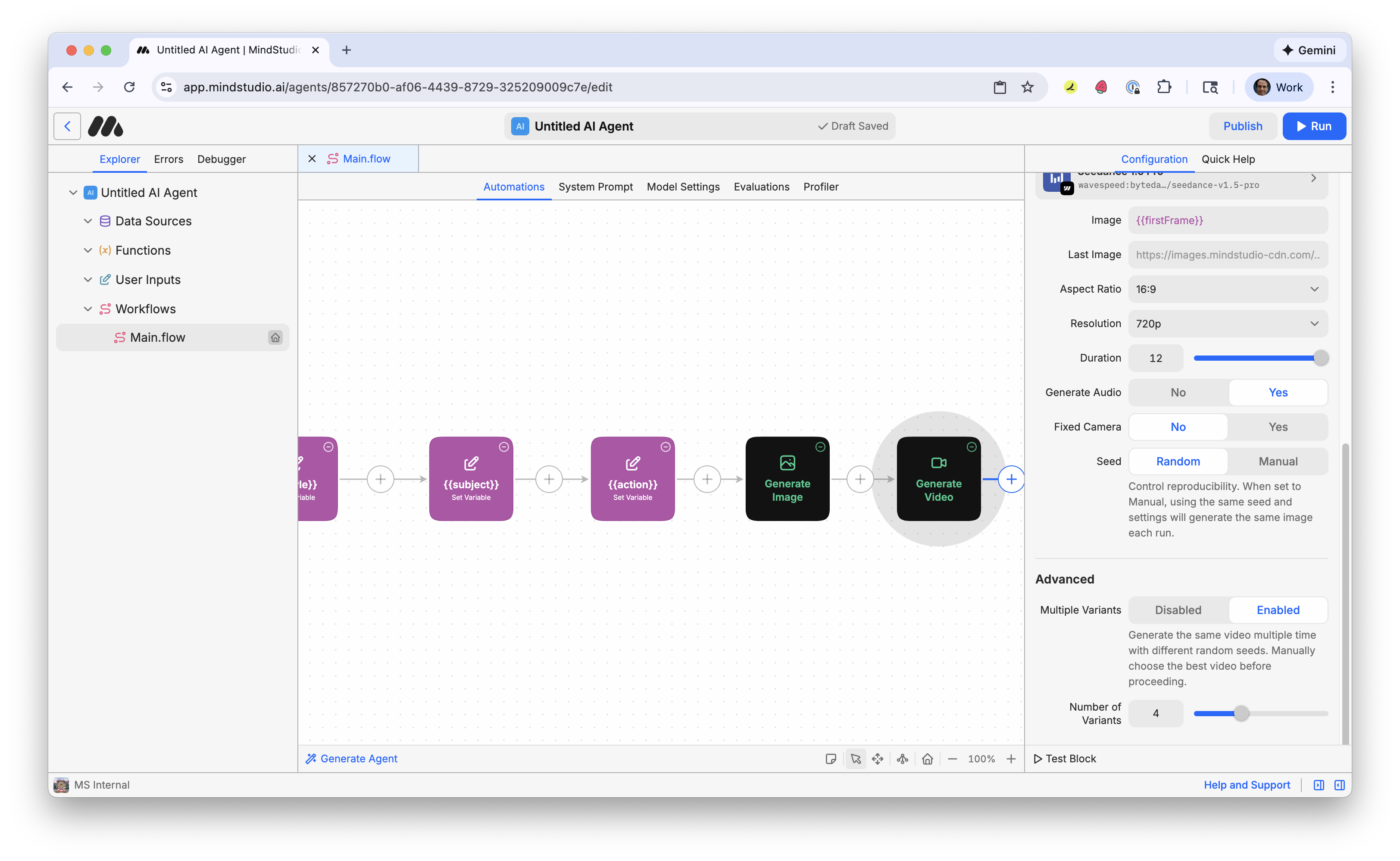 Enable to generate multiple variants of the AI video in MindStudio