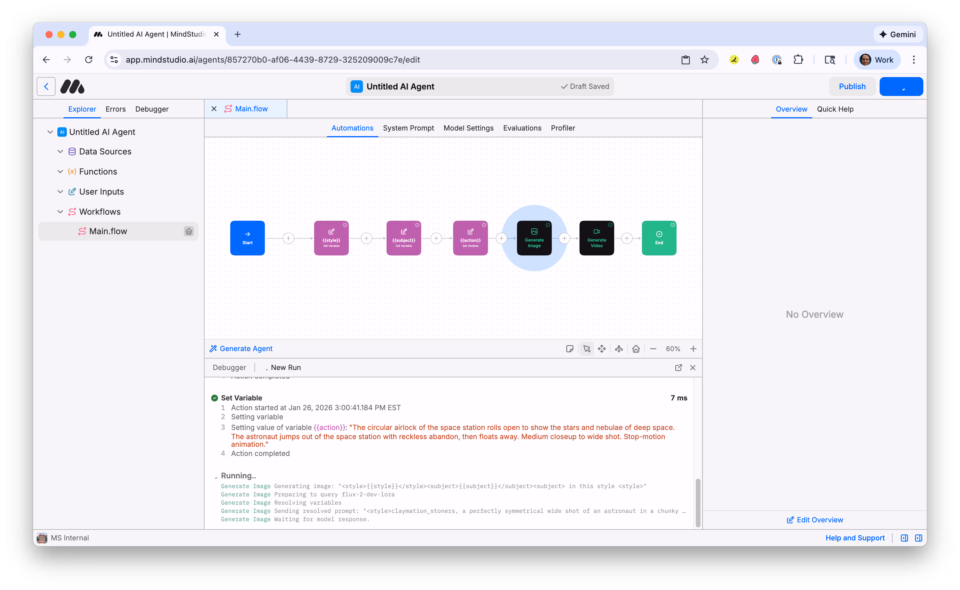 The MindStudio workflow runs in Debugger